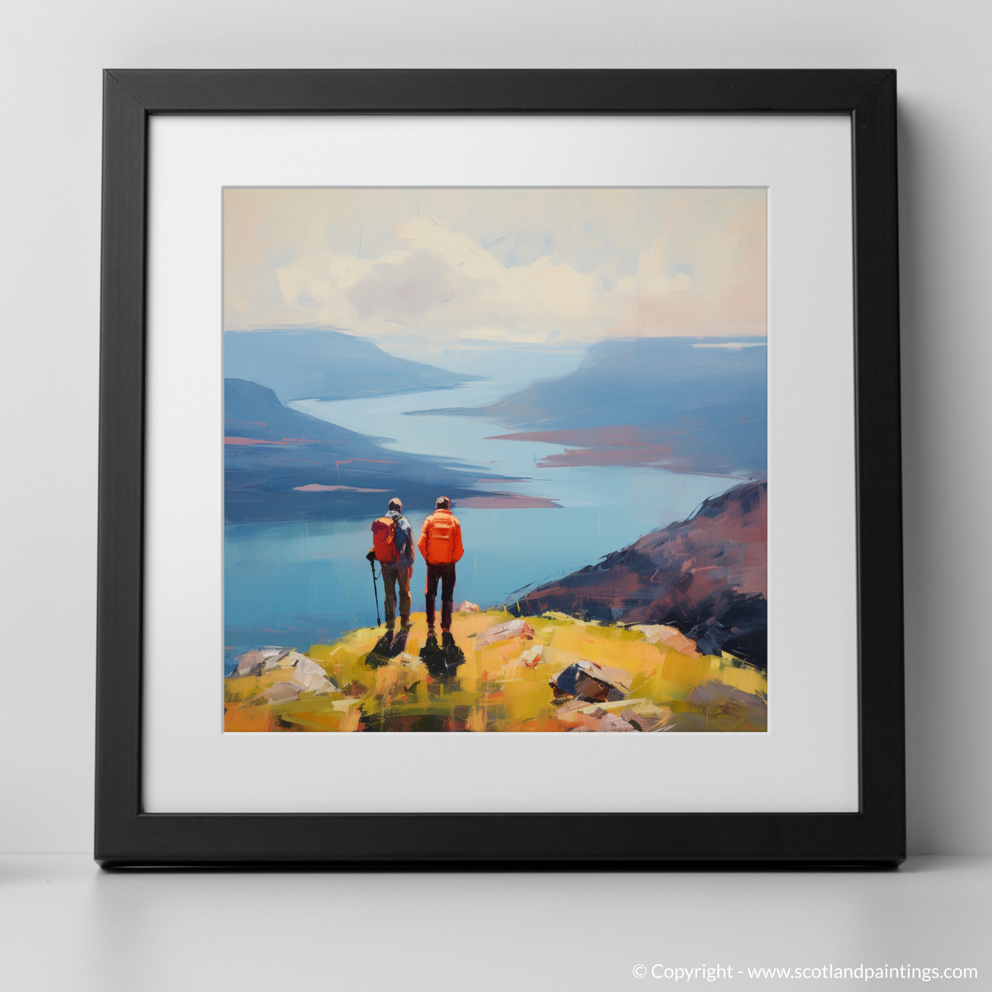 Art Print of Two hikers looking out on Loch Lomond with a black frame