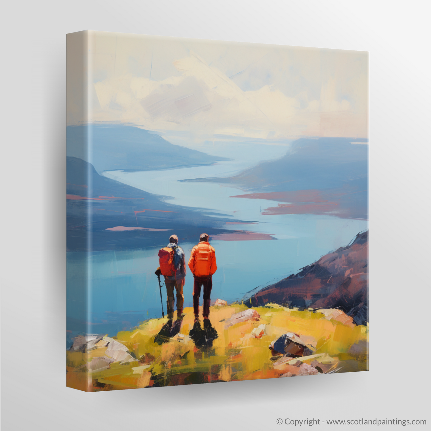 Canvas Print of Two hikers looking out on Loch Lomond