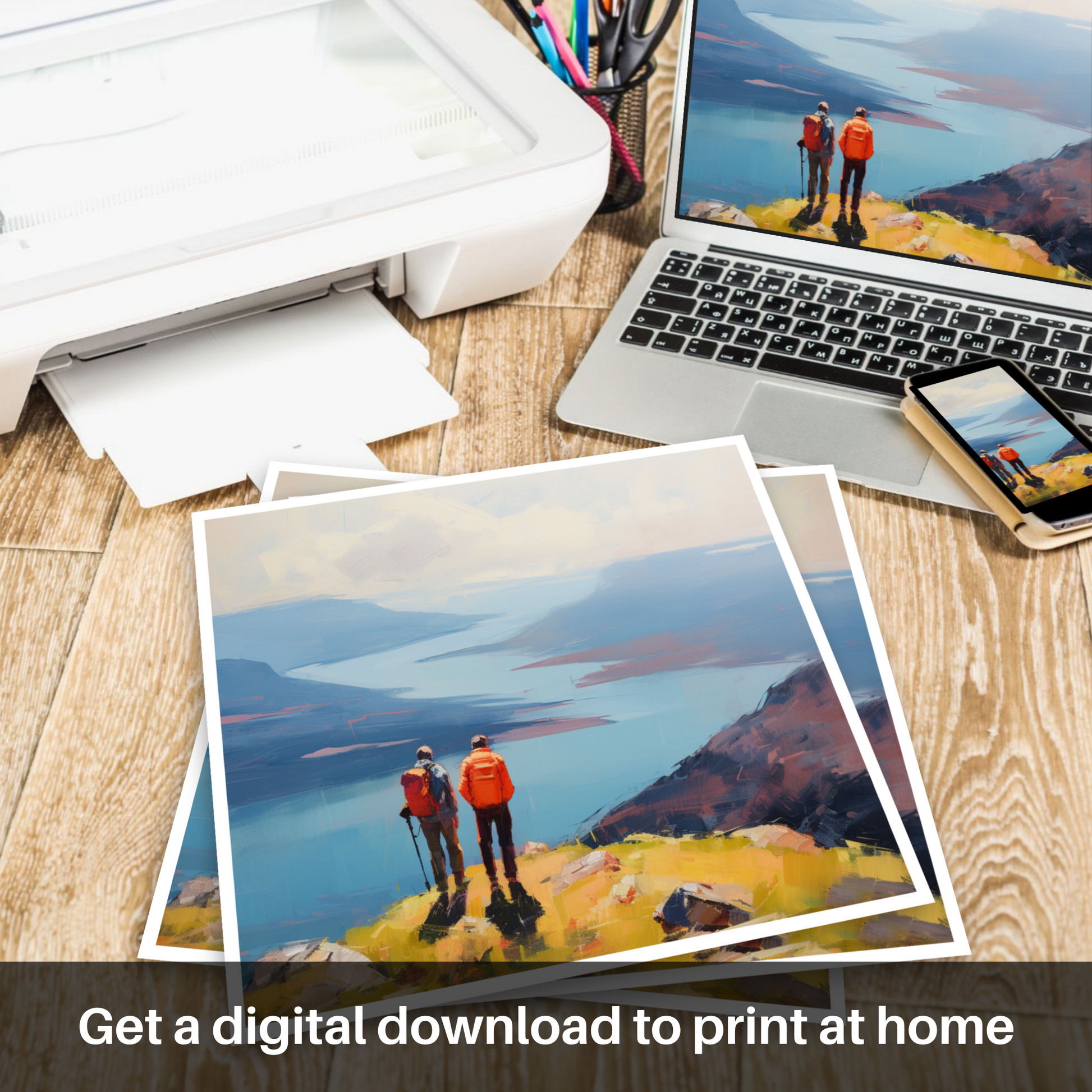 Downloadable and printable picture of Two hikers looking out on Loch Lomond