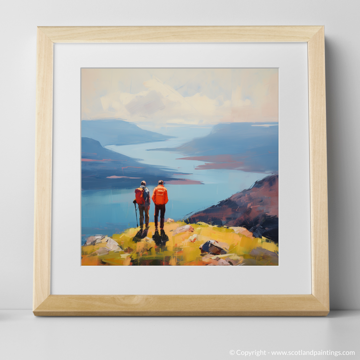 Art Print of Two hikers looking out on Loch Lomond with a natural frame