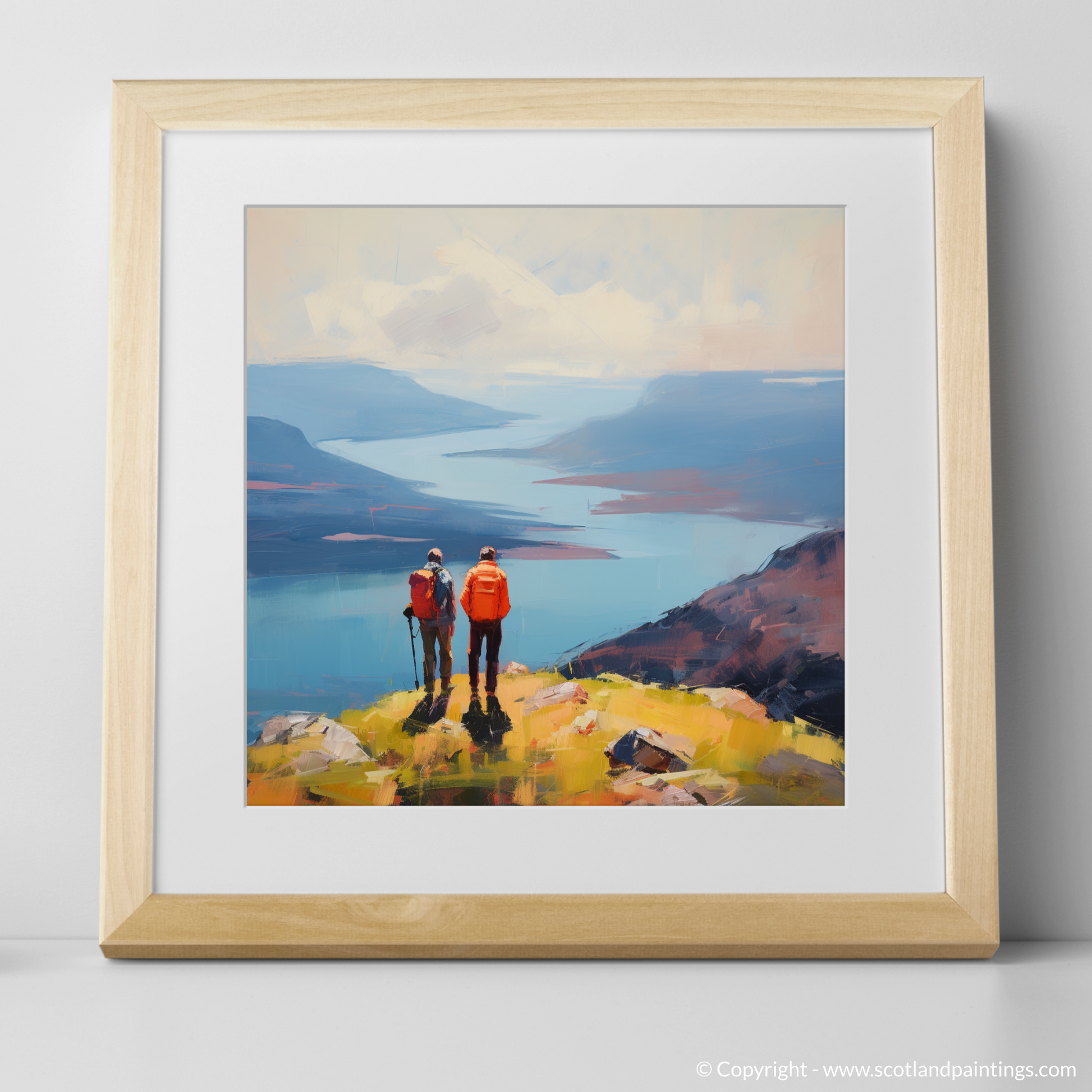 Art Print of Two hikers looking out on Loch Lomond with a natural frame