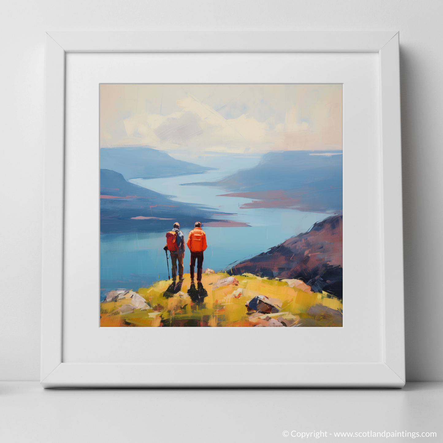 Art Print of Two hikers looking out on Loch Lomond with a white frame