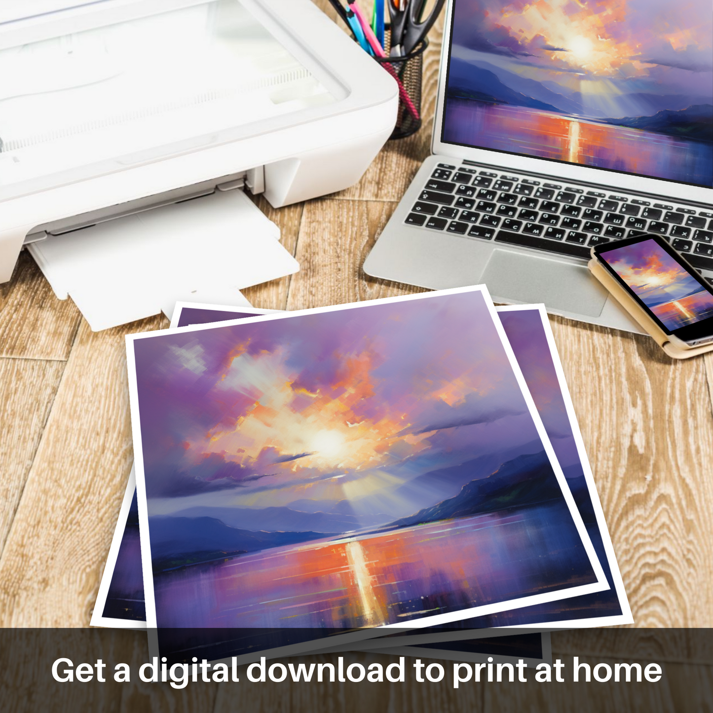 Downloadable and printable picture of Crepuscular rays above Loch Lomond