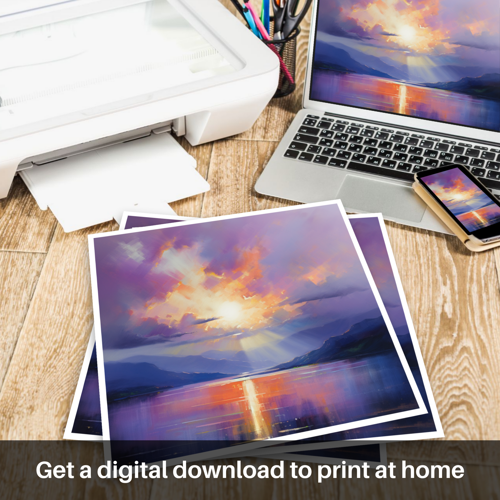 Downloadable and printable picture of Crepuscular rays above Loch Lomond