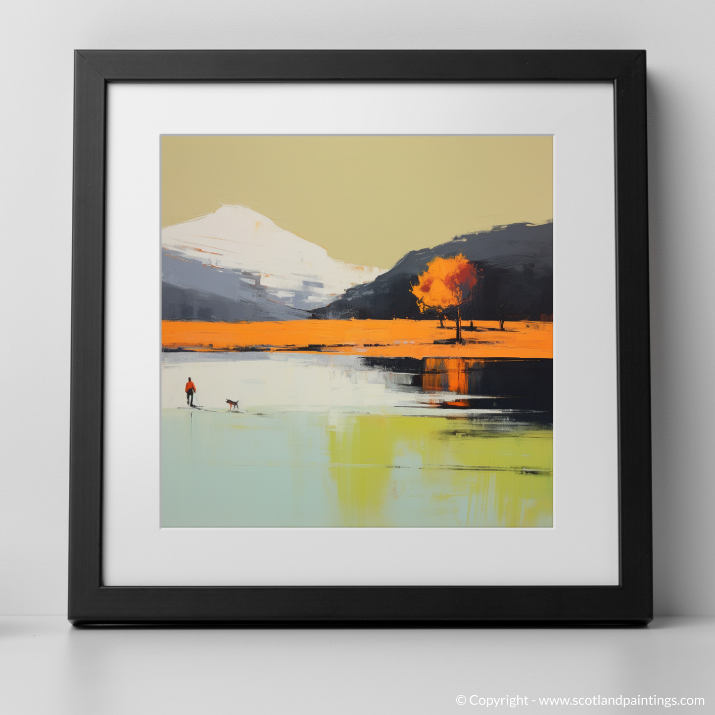 Art Print of A man walking dog at the side of Loch Lomond with a black frame
