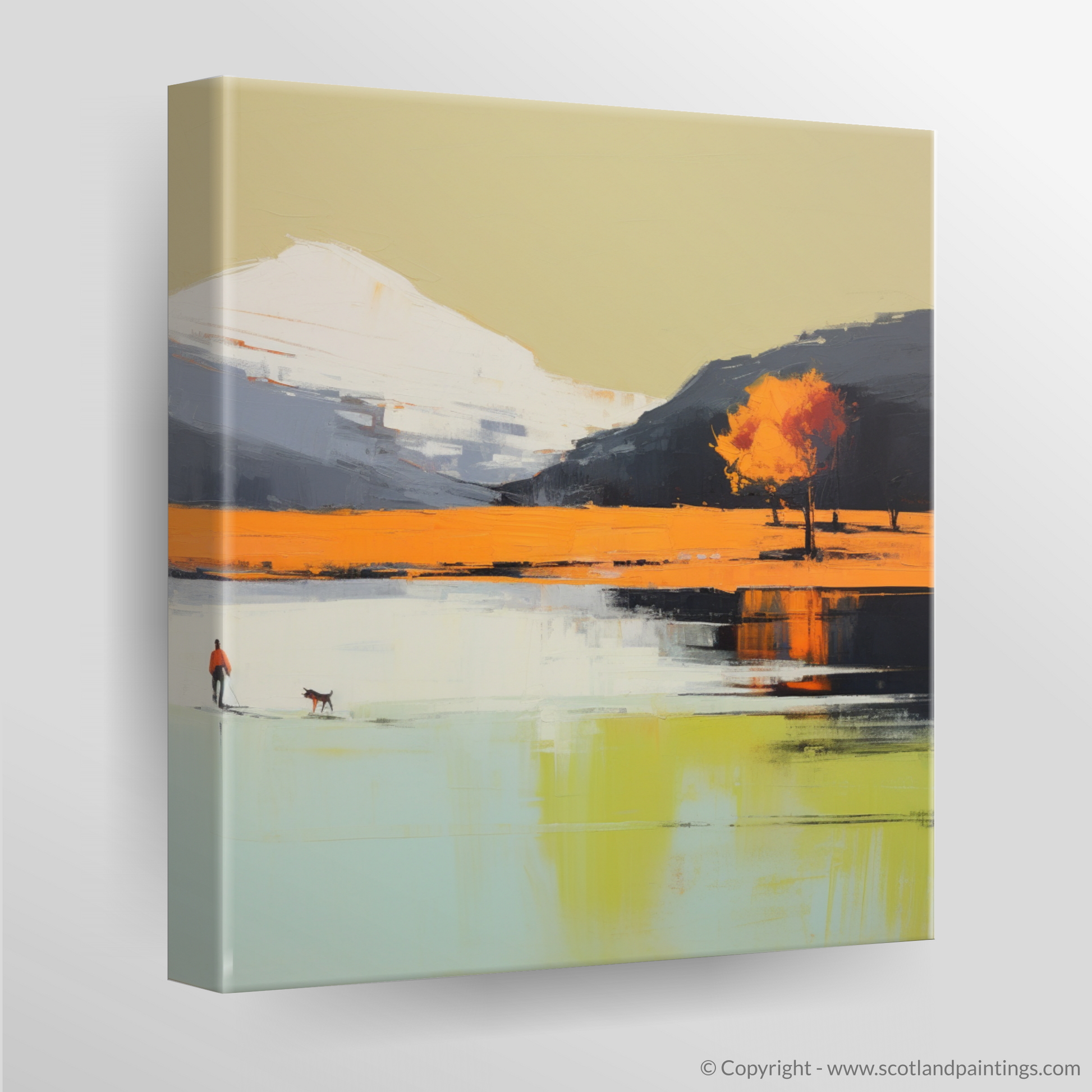 Canvas Print of A man walking dog at the side of Loch Lomond