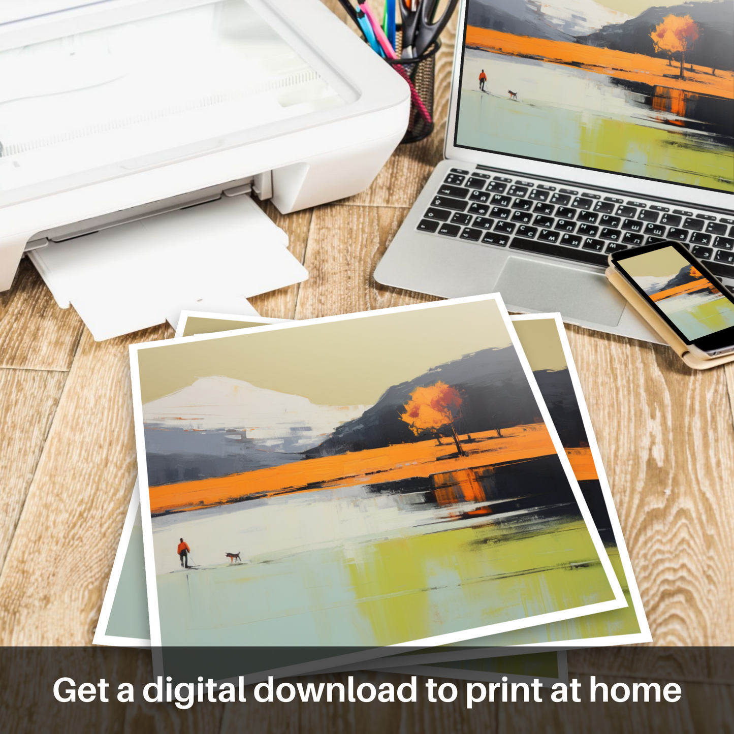 Downloadable and printable picture of A man walking dog at the side of Loch Lomond