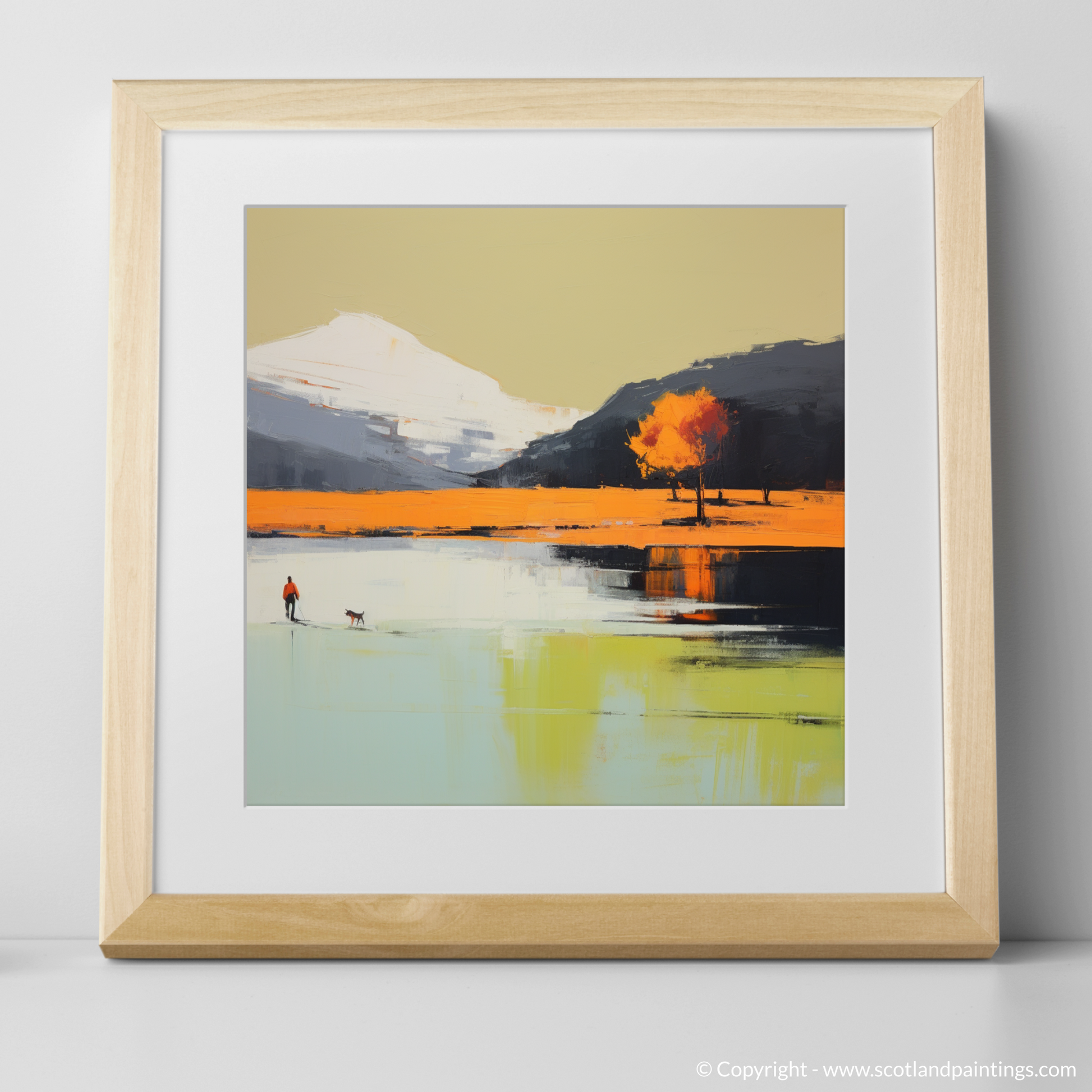 Art Print of A man walking dog at the side of Loch Lomond with a natural frame