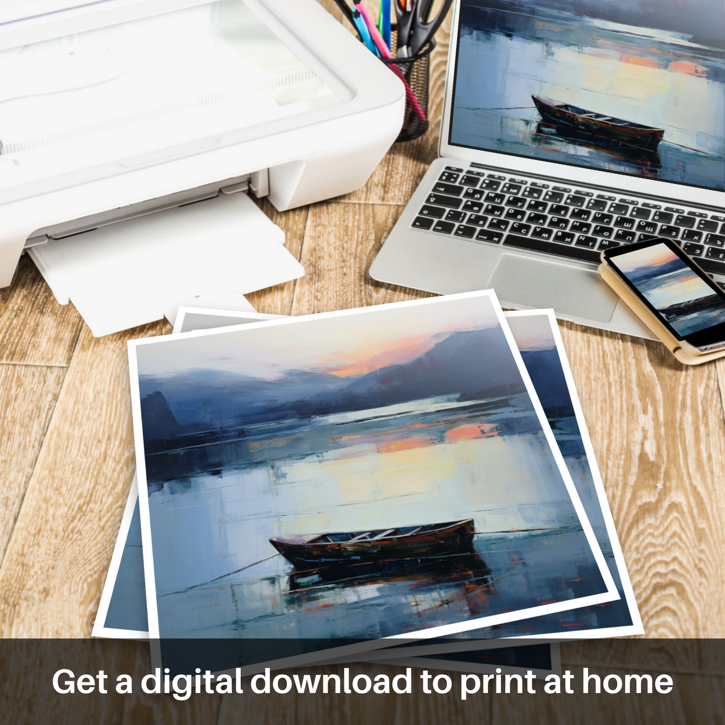 Downloadable and printable picture of Lone rowboat on Loch Lomond at dusk