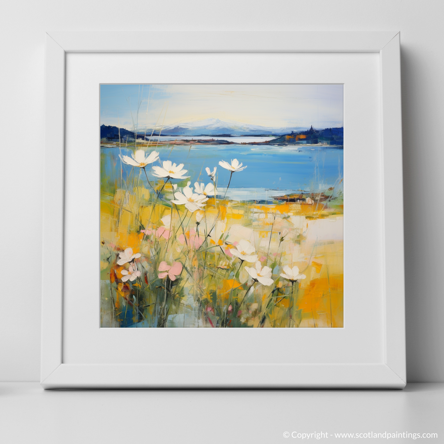Art Print of Wildflowers by Loch Lomond with a white frame