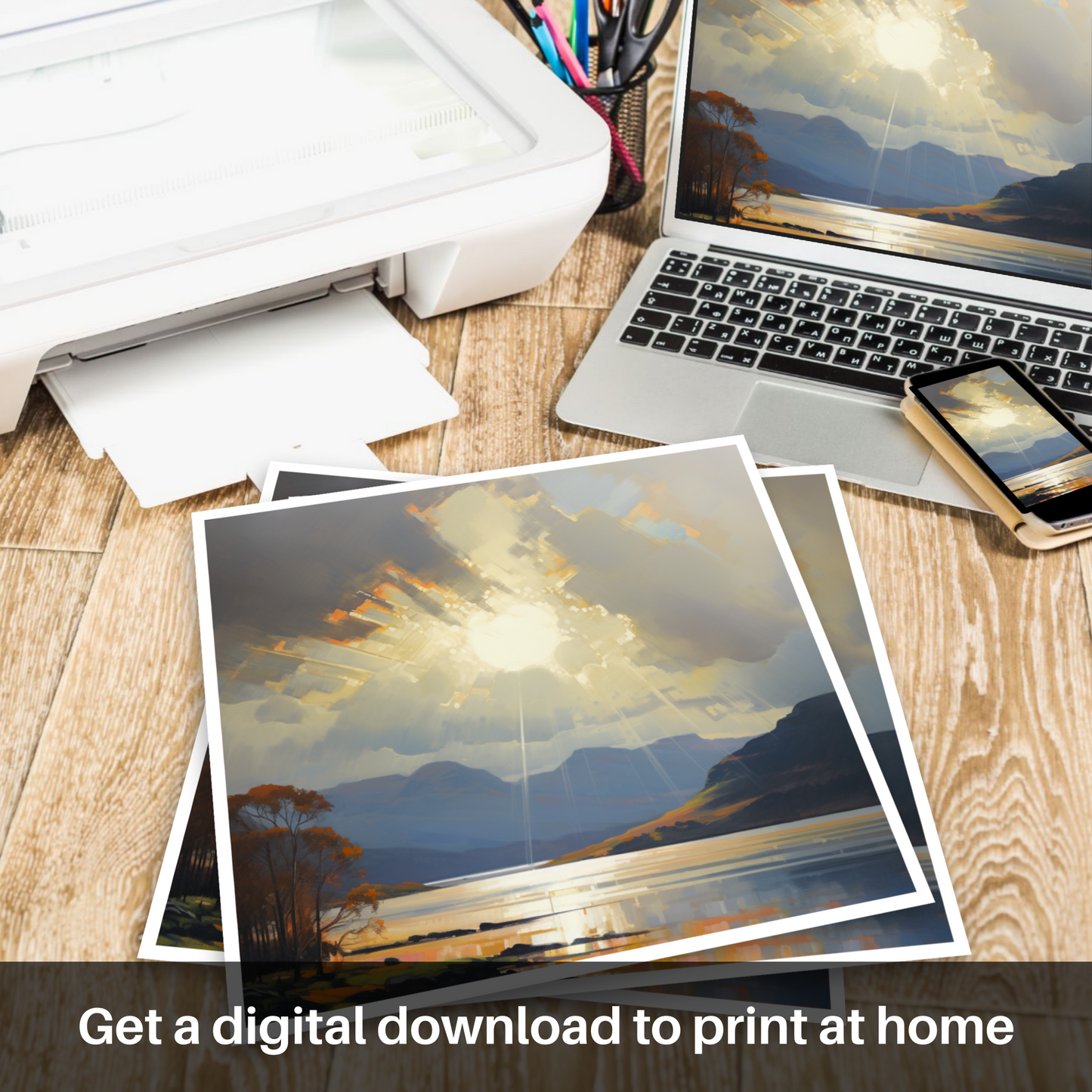 Downloadable and printable picture of Crepuscular rays above Loch Lomond