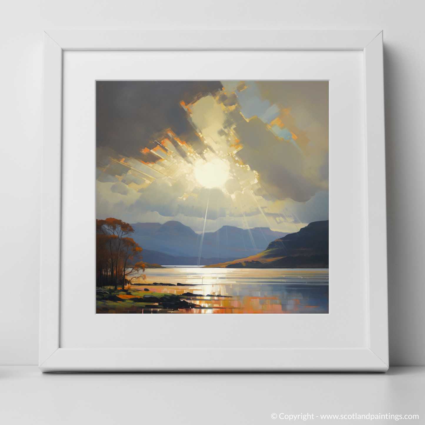 Art Print of Crepuscular rays above Loch Lomond with a white frame