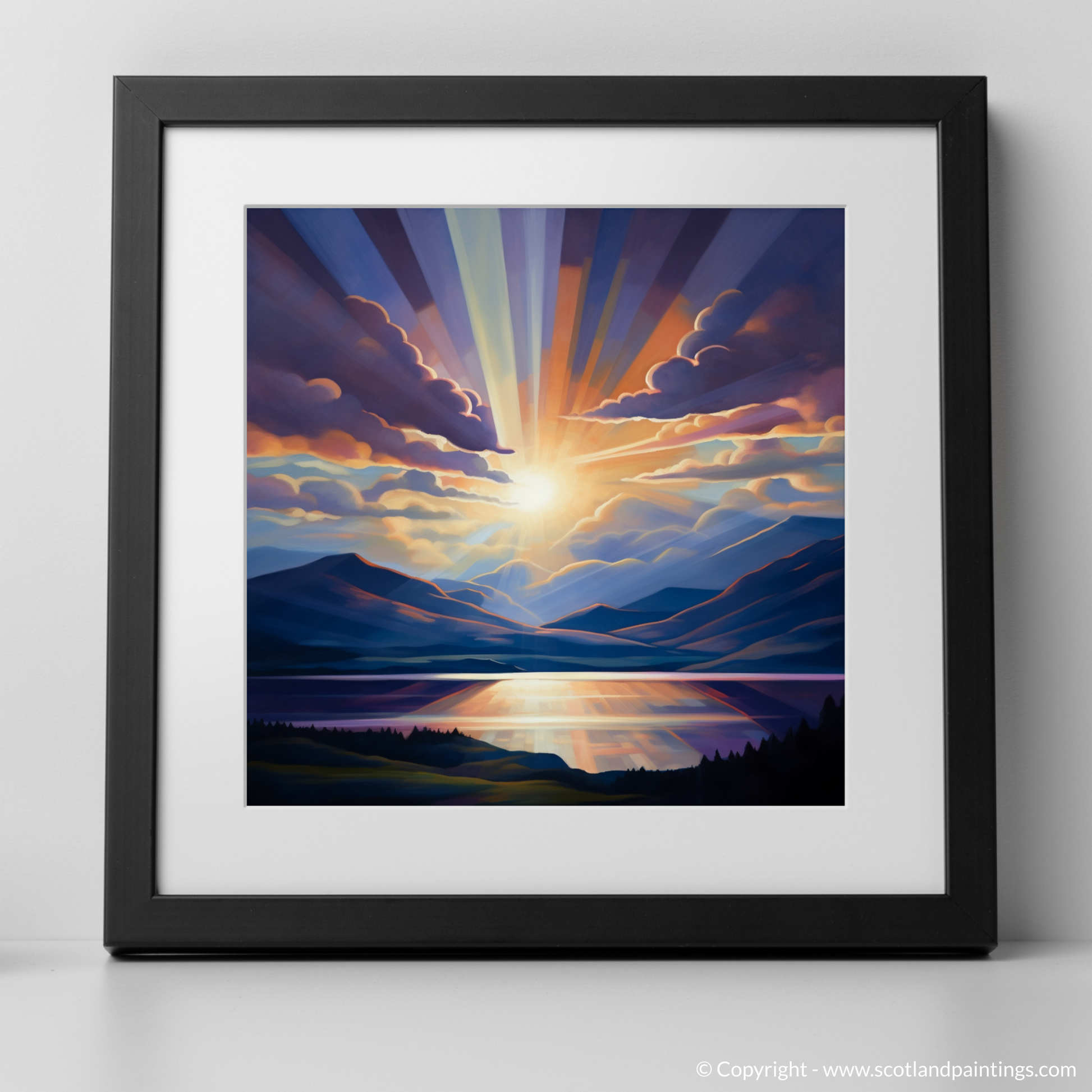 Art Print of Crepuscular rays above Loch Lomond with a black frame