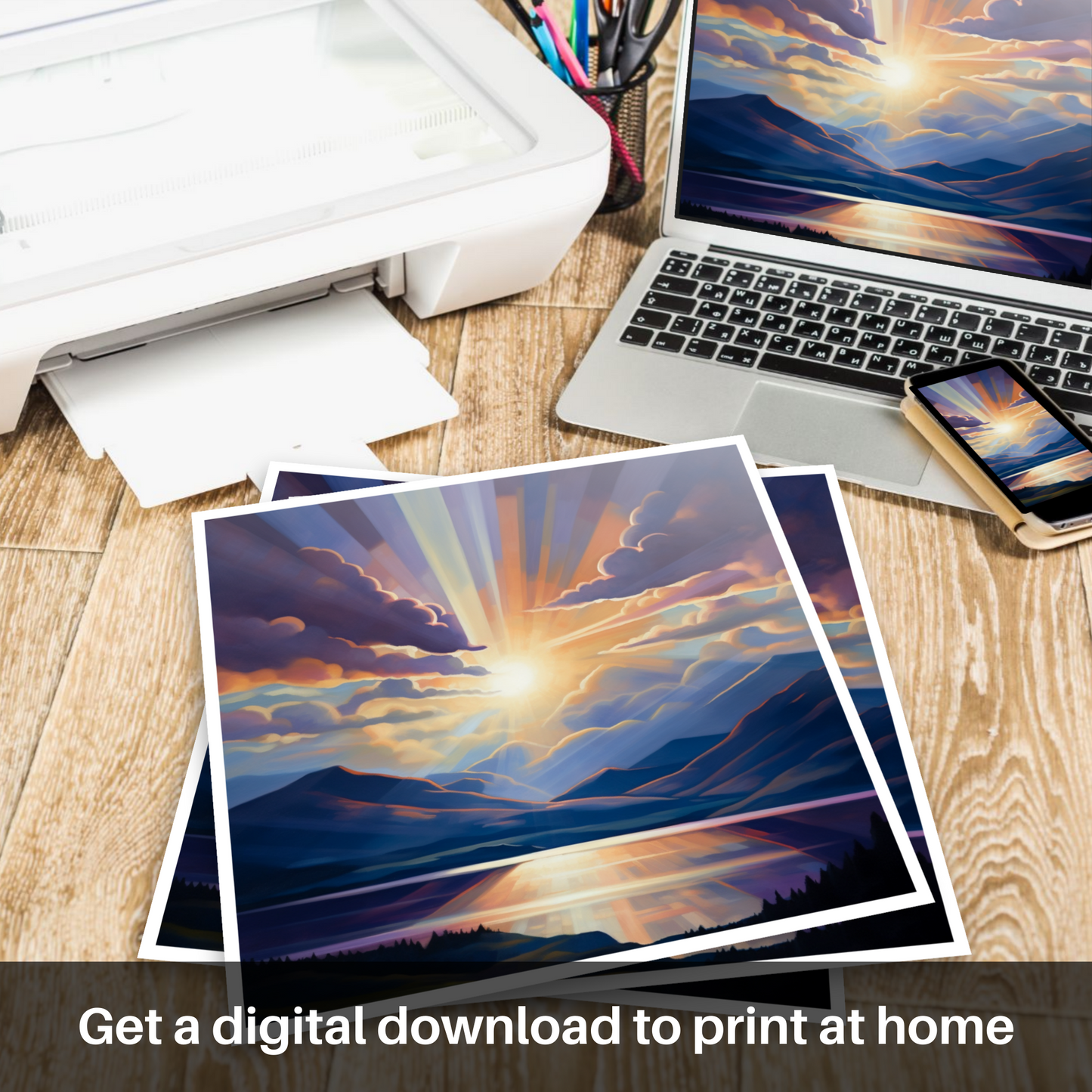 Downloadable and printable picture of Crepuscular rays above Loch Lomond