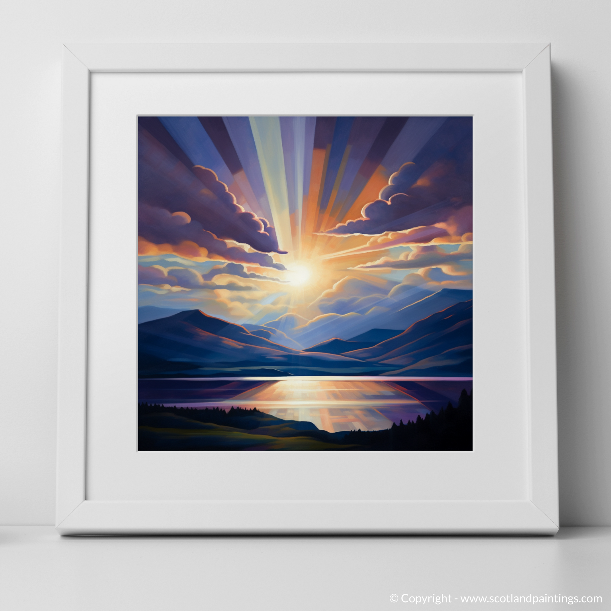 Art Print of Crepuscular rays above Loch Lomond with a white frame