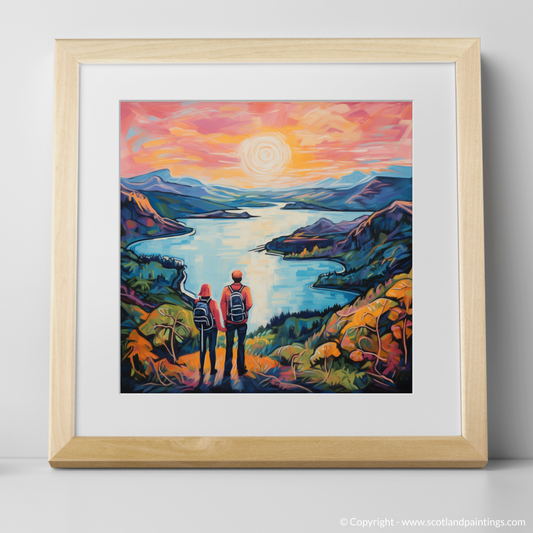 Art Print of Two hikers looking out on Loch Lomond with a natural frame