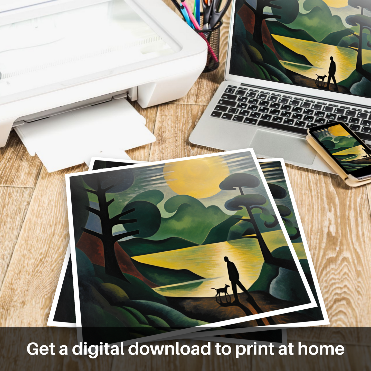 Downloadable and printable picture of A man walking dog at the side of Loch Lomond