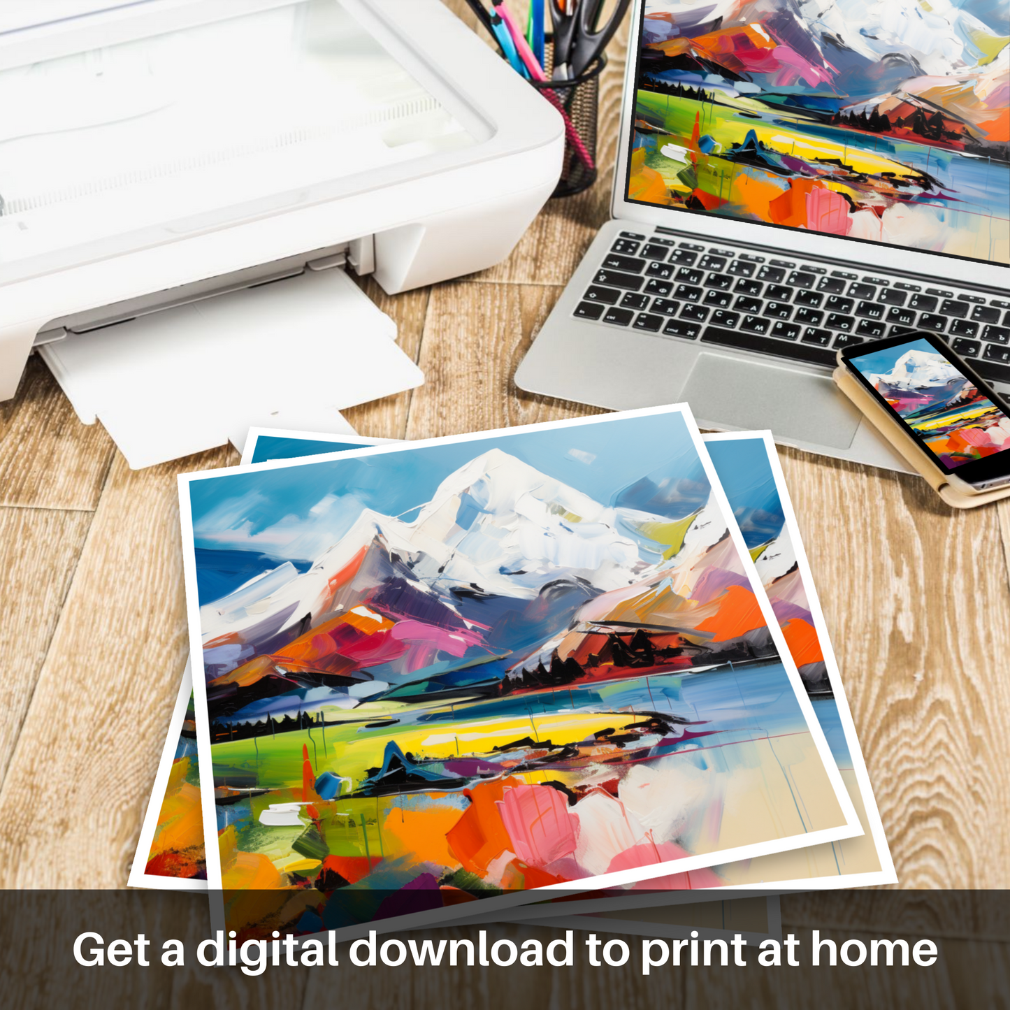 Downloadable and printable picture of Snow-capped peaks overlooking Loch Lomond