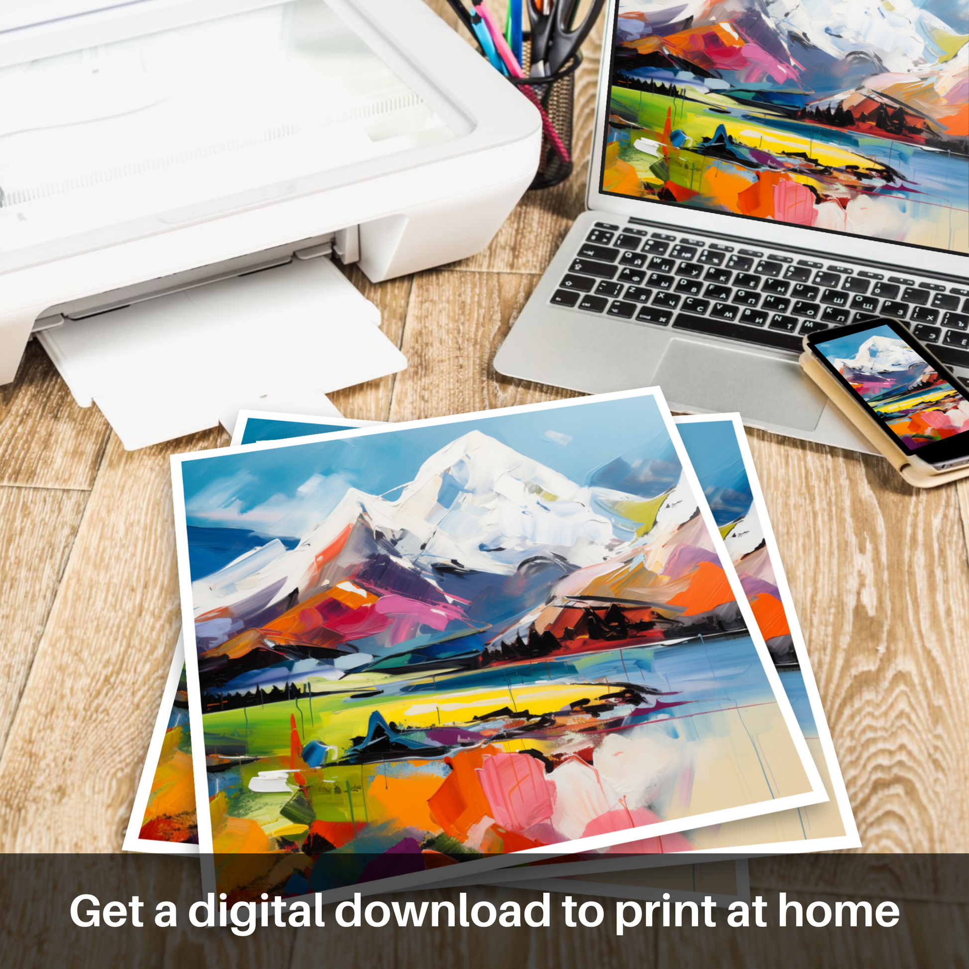 Downloadable and printable picture of Snow-capped peaks overlooking Loch Lomond