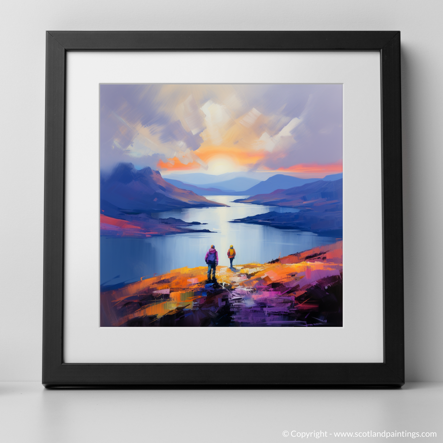 Art Print of Two hikers looking out on Loch Lomond with a black frame