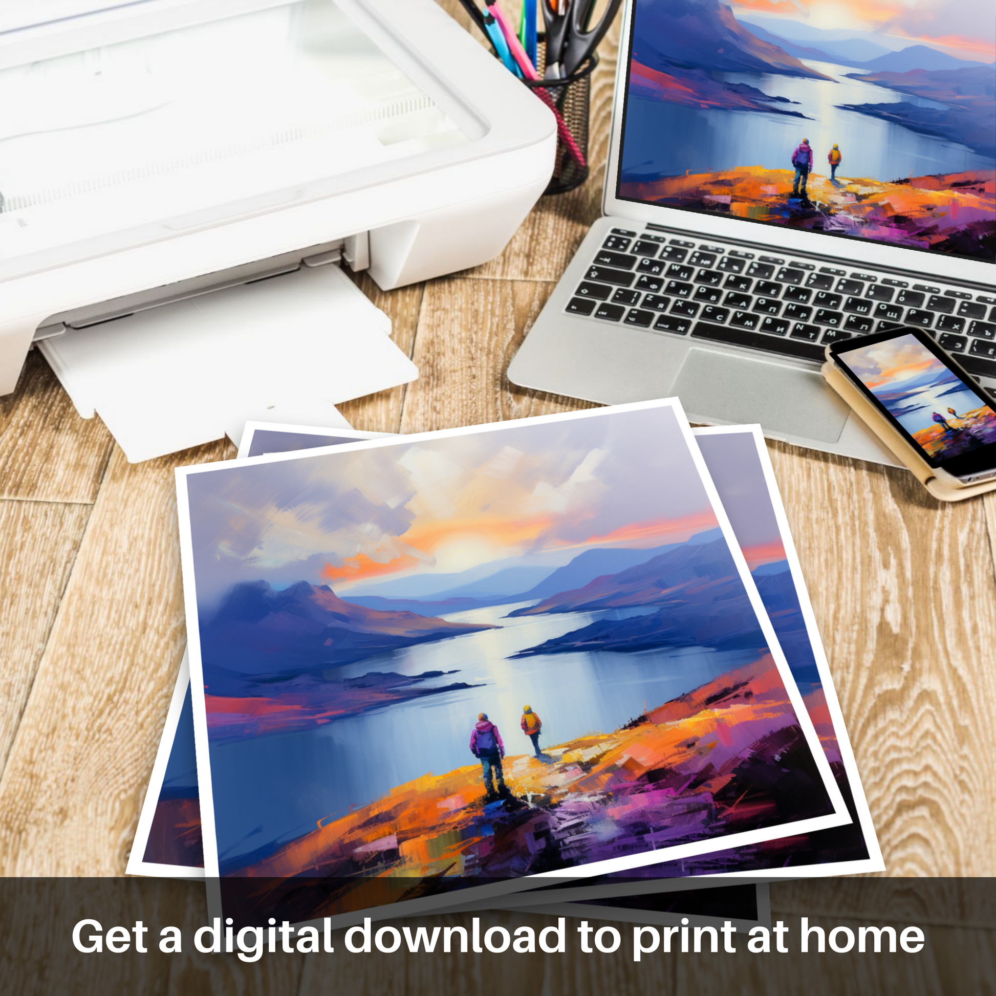 Downloadable and printable picture of Two hikers looking out on Loch Lomond