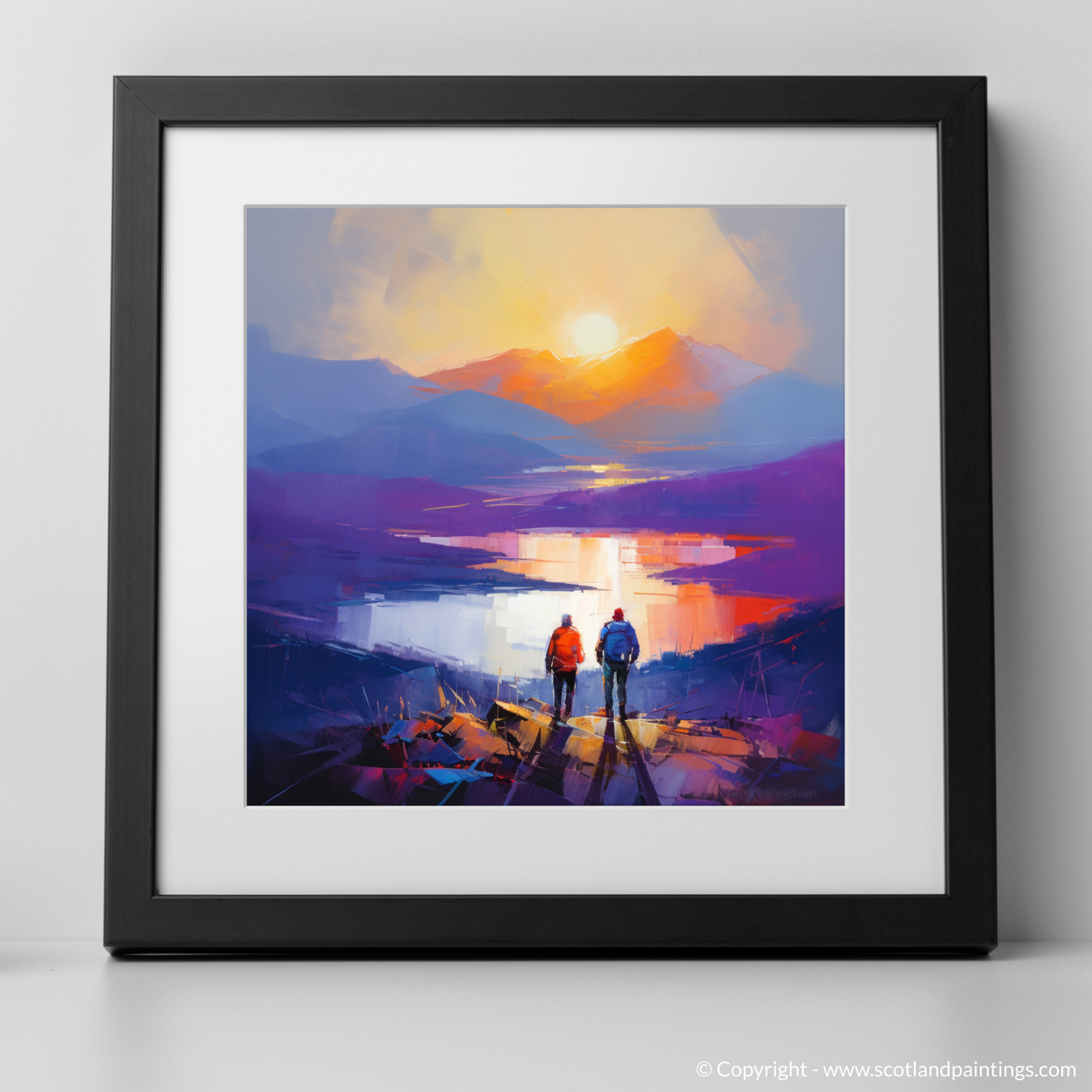 Art Print of Two hikers looking out on Loch Lomond with a black frame