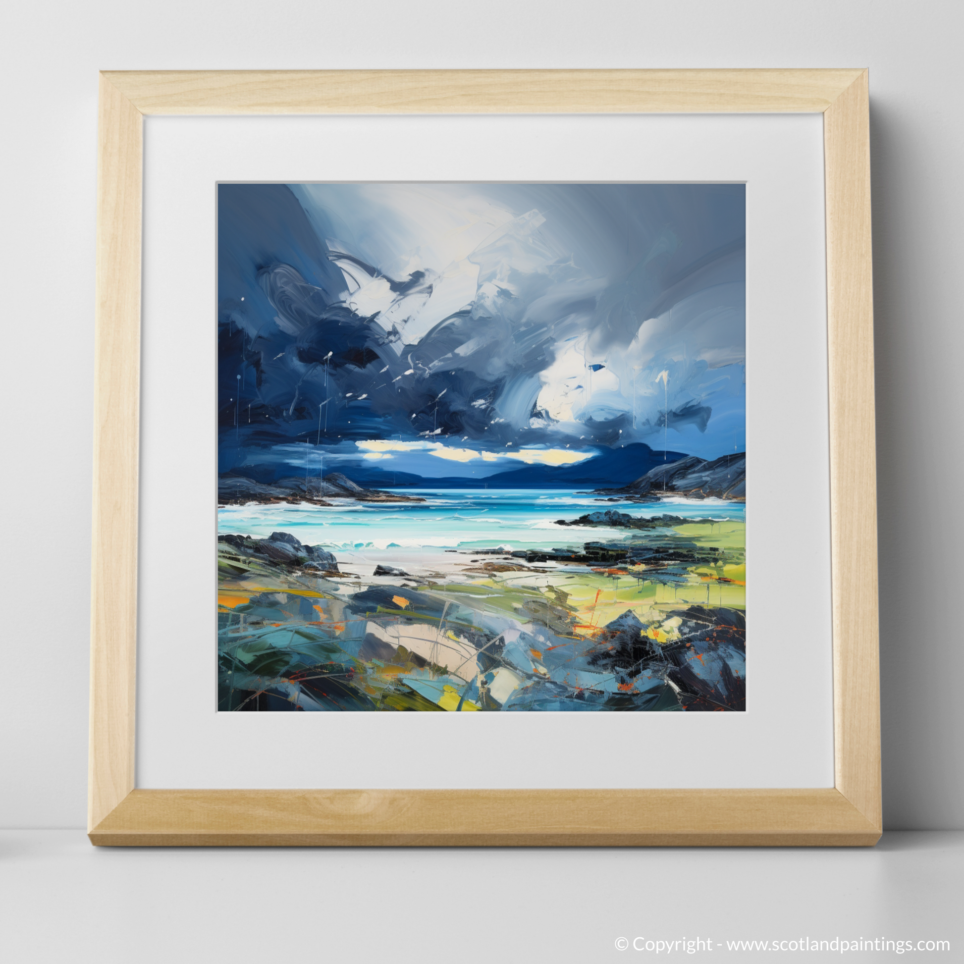 Art Print of Ardalanish Bay with a stormy sky with a natural frame