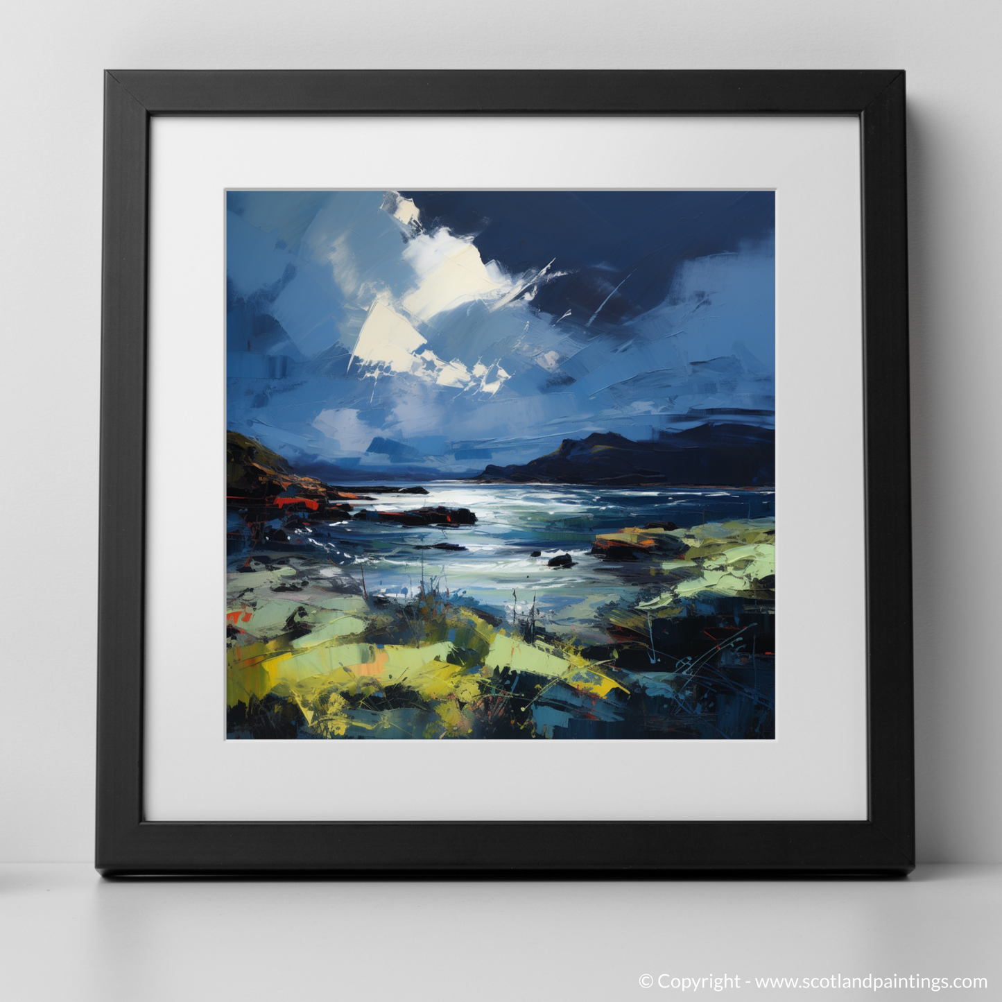 Art Print of Ardtun Bay with a stormy sky with a black frame