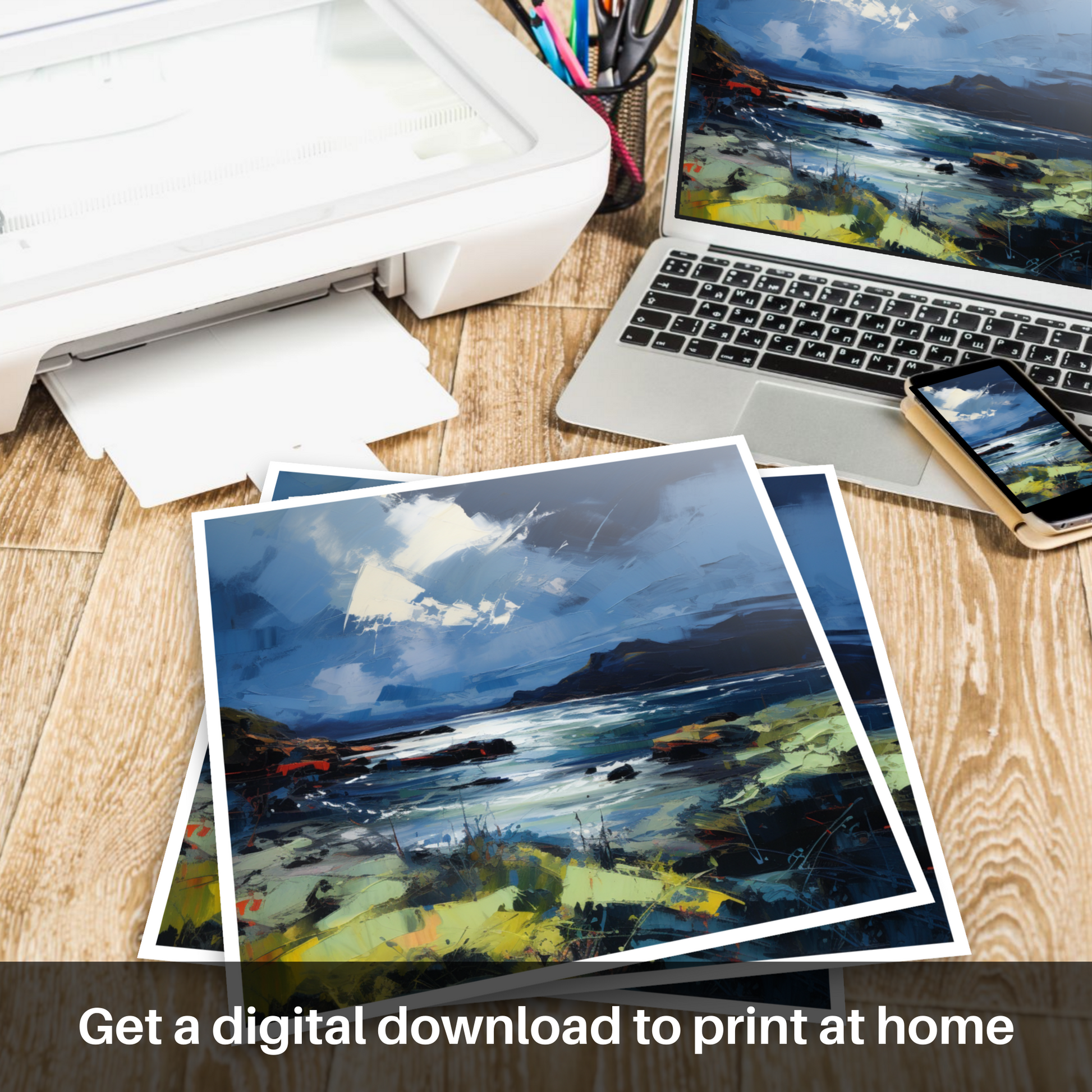 Downloadable and printable picture of Ardtun Bay with a stormy sky