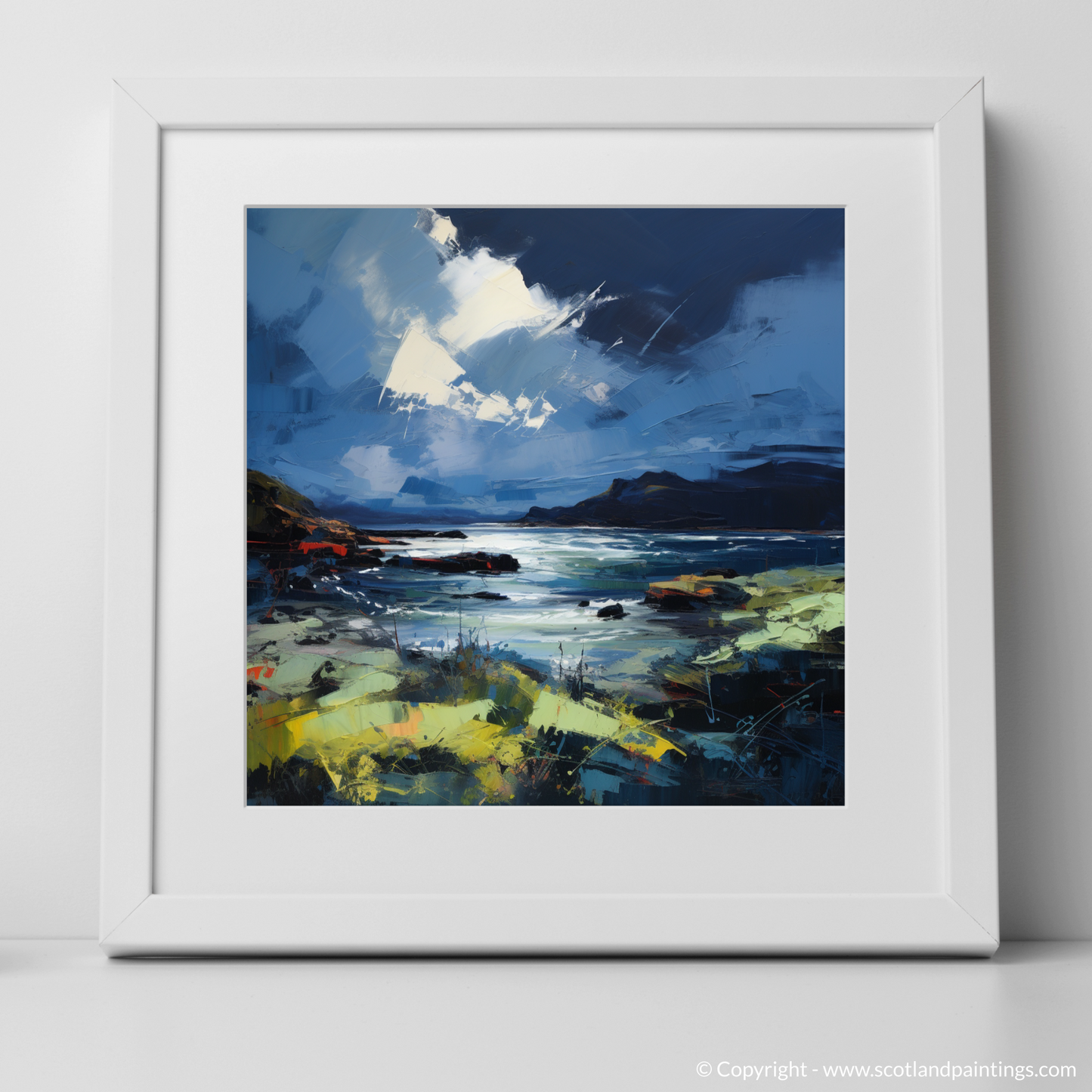 Art Print of Ardtun Bay with a stormy sky with a white frame