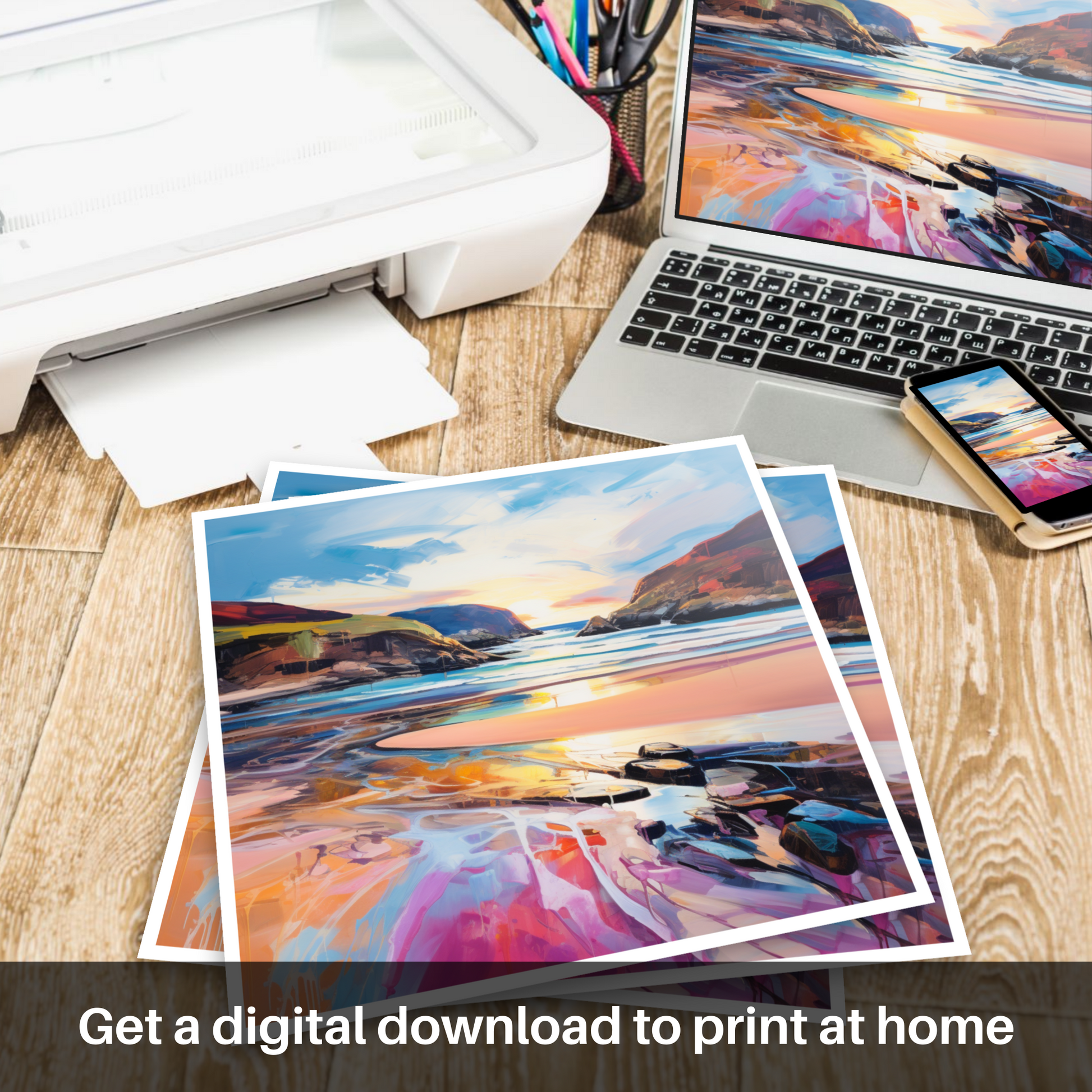 Downloadable and printable picture of Sandwood Bay at dusk