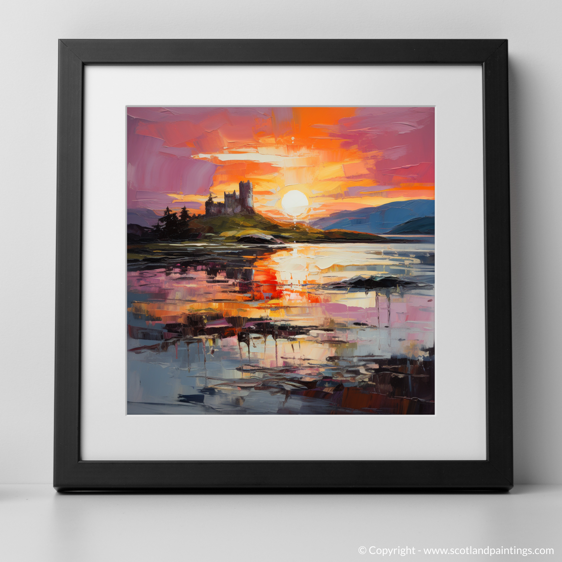 Art Print of Castle Stalker Bay at sunset with a black frame