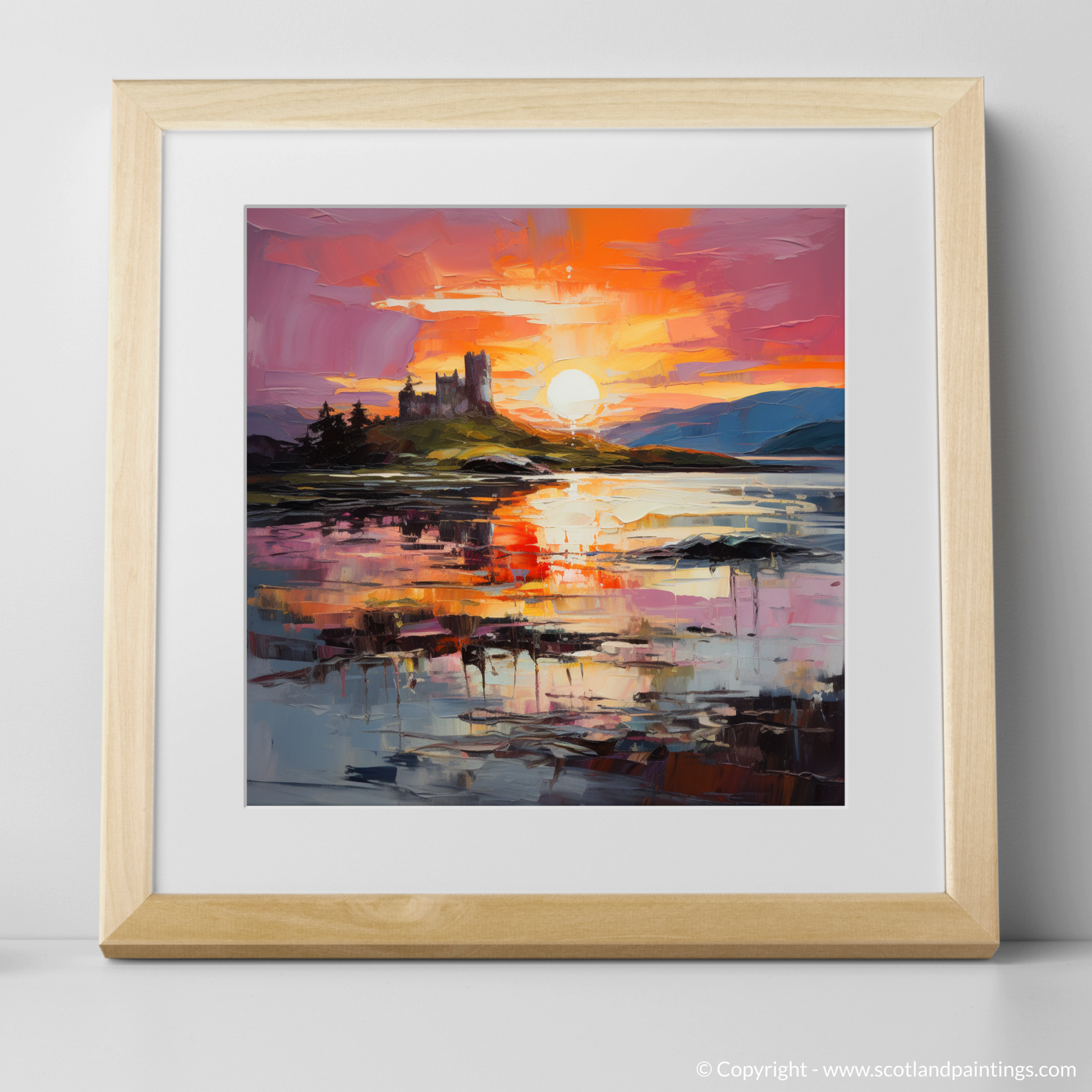 Art Print of Castle Stalker Bay at sunset with a natural frame