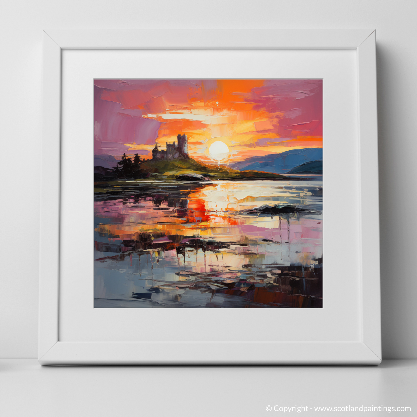Art Print of Castle Stalker Bay at sunset with a white frame