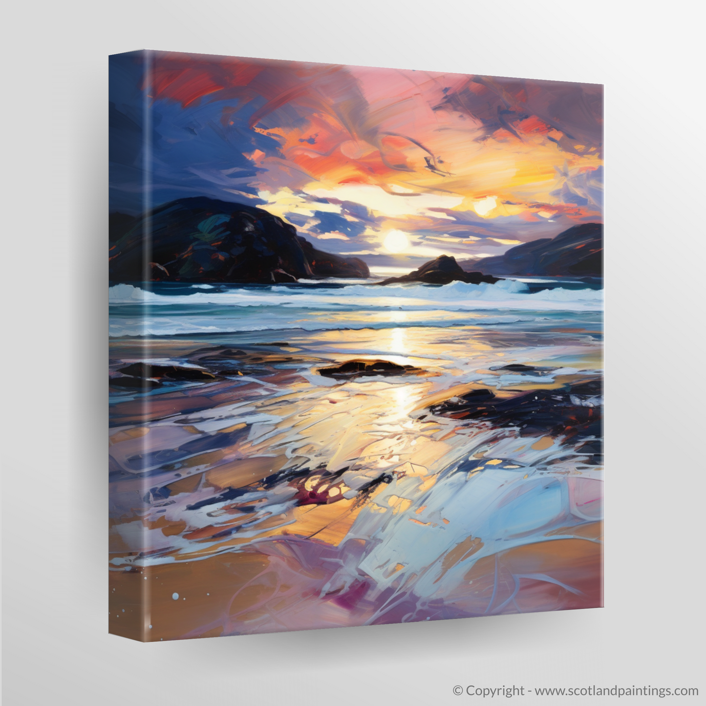 Painting and Art Print of Sandwood Bay at dusk. Dusk Embrace at Sandwood Bay.