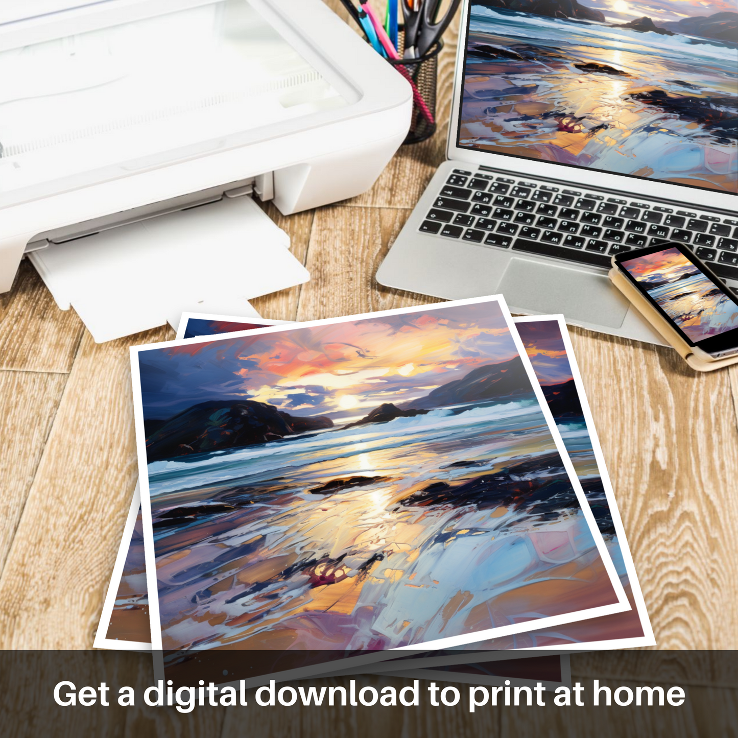 Painting and Art Print of Sandwood Bay at dusk. Dusk Embrace at Sandwood Bay.