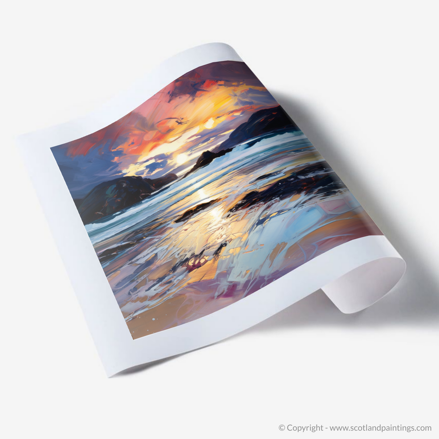Painting and Art Print of Sandwood Bay at dusk. Dusk Embrace at Sandwood Bay.