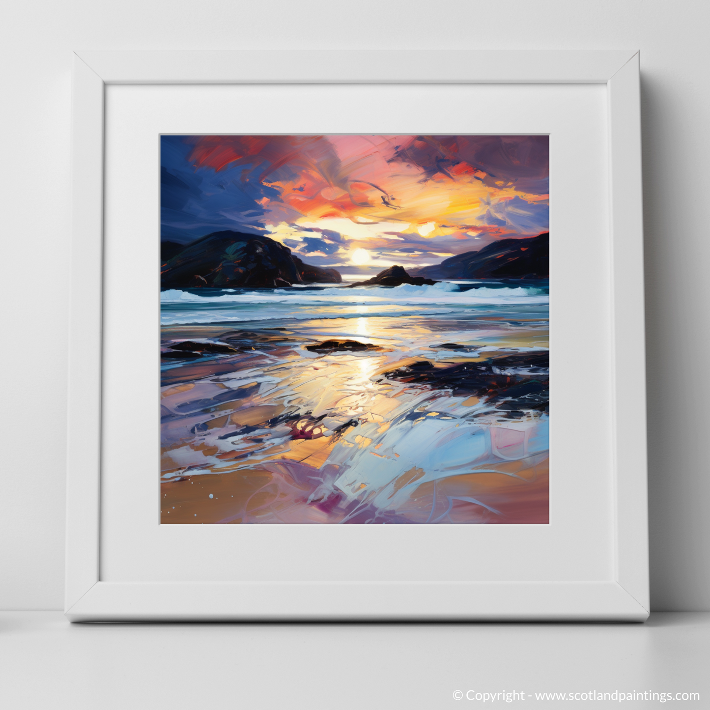 Painting and Art Print of Sandwood Bay at dusk. Dusk Embrace at Sandwood Bay.