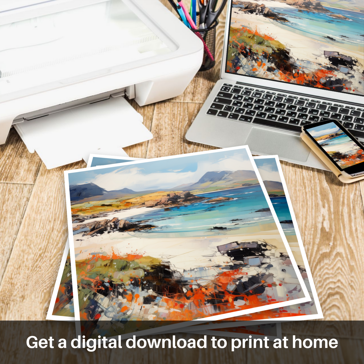 Painting and Art Print of Coral Beach, Claigan, Isle of Skye. Wild Rhythms of Coral Beach: An Expressionist Ode to Scottish Coves.