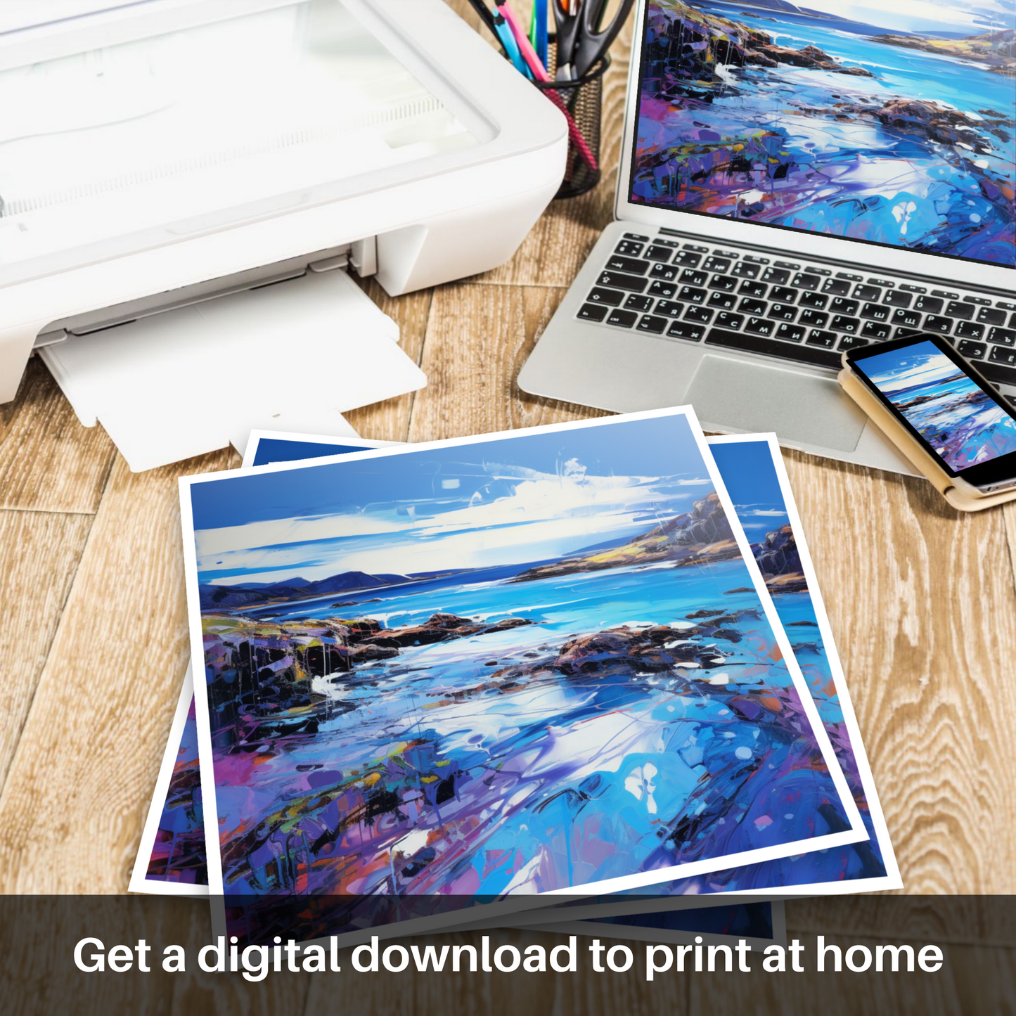 Painting and Art Print of Sound of Iona, Isle of Iona. Sound of Iona: An Expressionist Ode to Scottish Coastal Beauty.