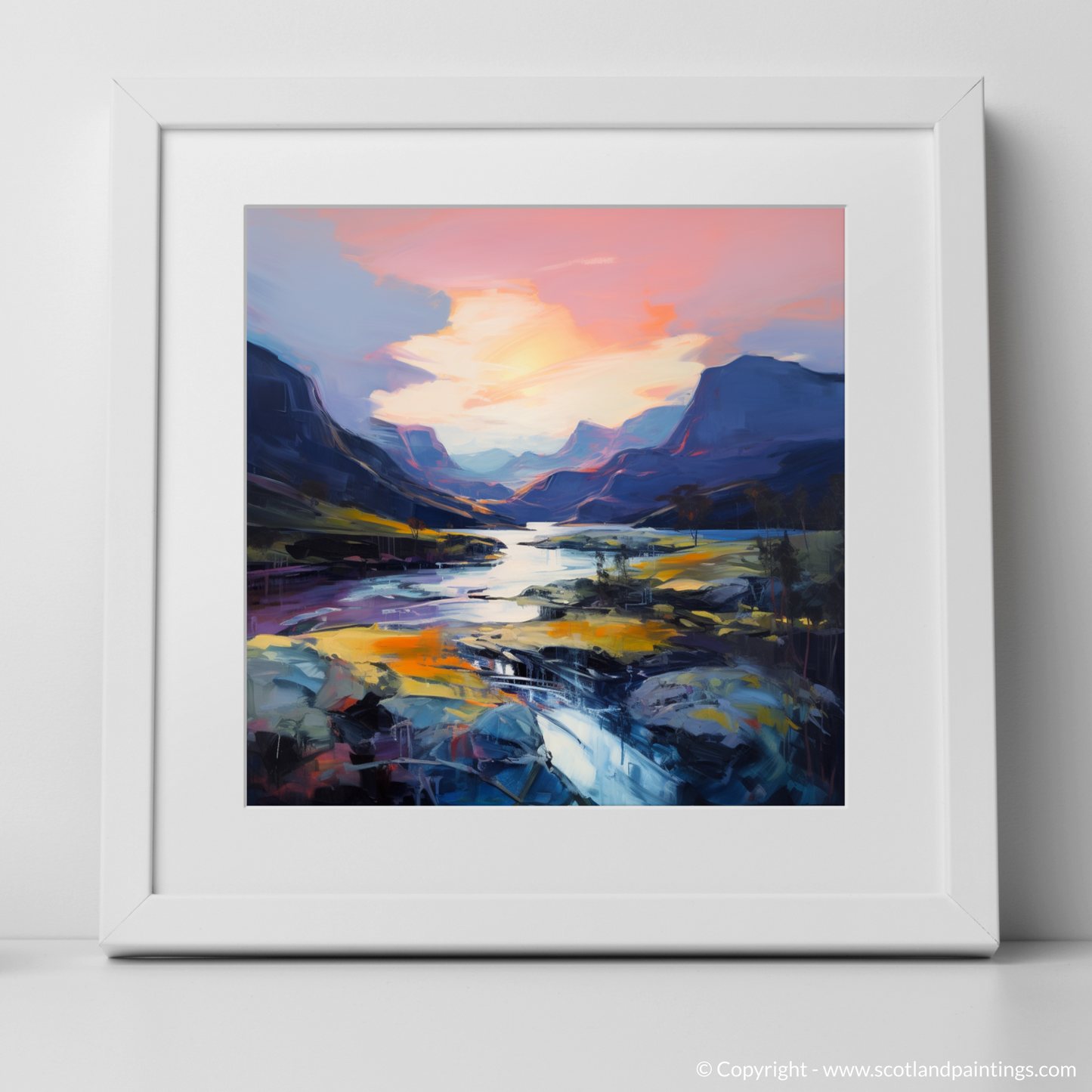 Art Print of Soft twilight on slopes in Glencoe with a white frame