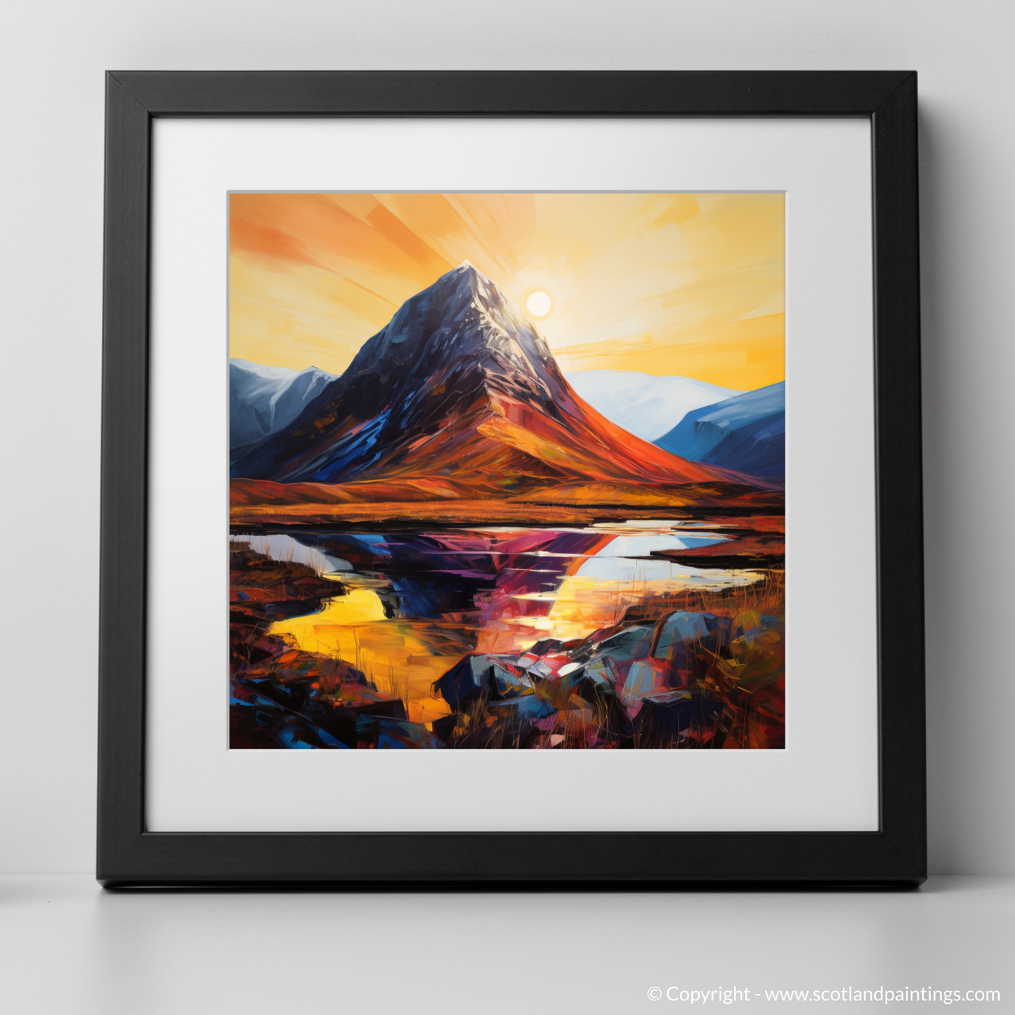 Painting and Art Print of Buachaille sunrise in Glencoe. Buachaille Sunrise: An Expressionist Ode to Glencoe's Majesty.