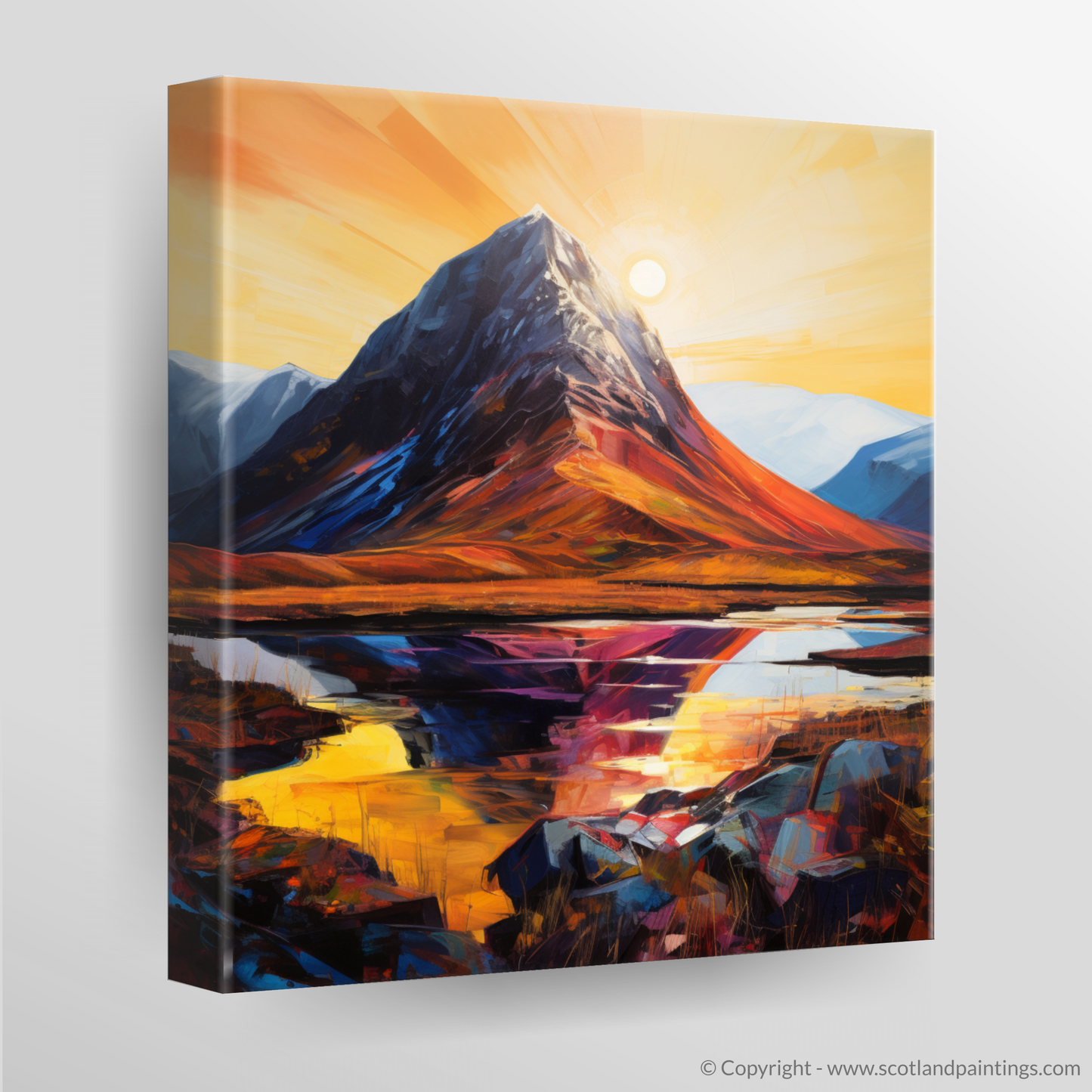 Painting and Art Print of Buachaille sunrise in Glencoe. Buachaille Sunrise: An Expressionist Ode to Glencoe's Majesty.
