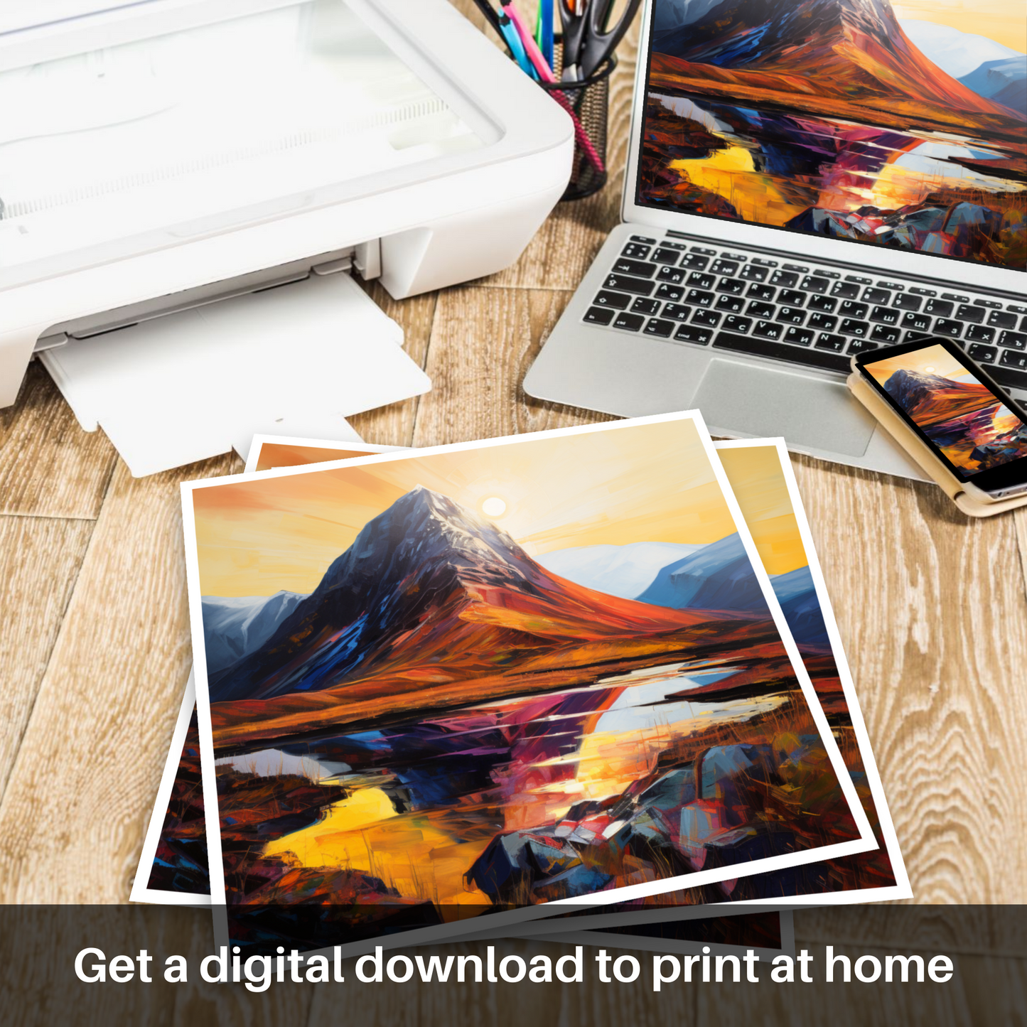 Painting and Art Print of Buachaille sunrise in Glencoe. Buachaille Sunrise: An Expressionist Ode to Glencoe's Majesty.