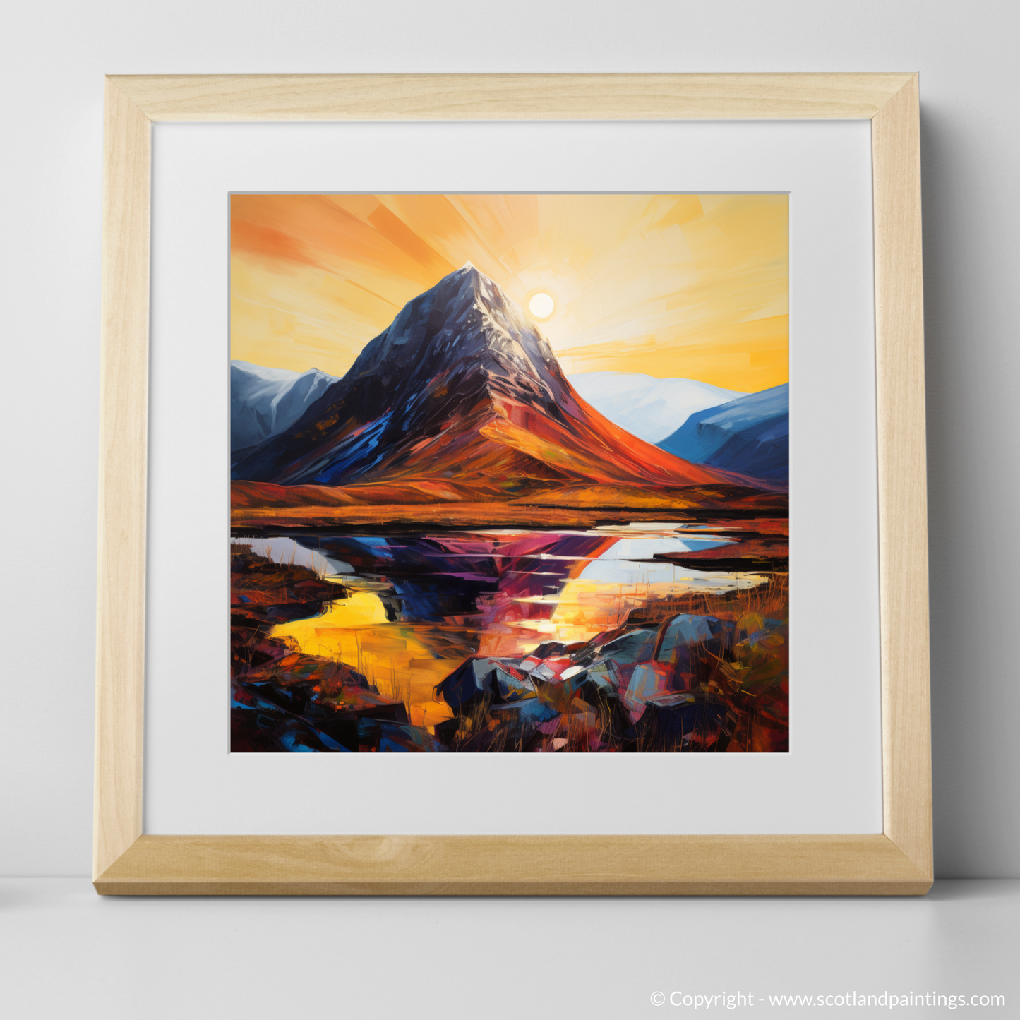 Painting and Art Print of Buachaille sunrise in Glencoe. Buachaille Sunrise: An Expressionist Ode to Glencoe's Majesty.