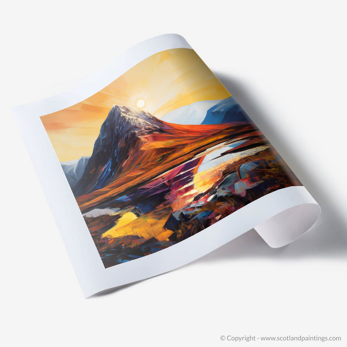 Painting and Art Print of Buachaille sunrise in Glencoe. Buachaille Sunrise: An Expressionist Ode to Glencoe's Majesty.