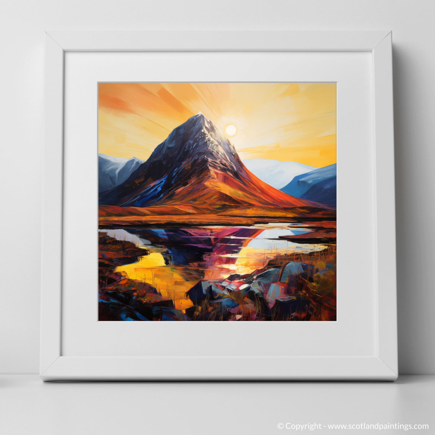 Painting and Art Print of Buachaille sunrise in Glencoe. Buachaille Sunrise: An Expressionist Ode to Glencoe's Majesty.