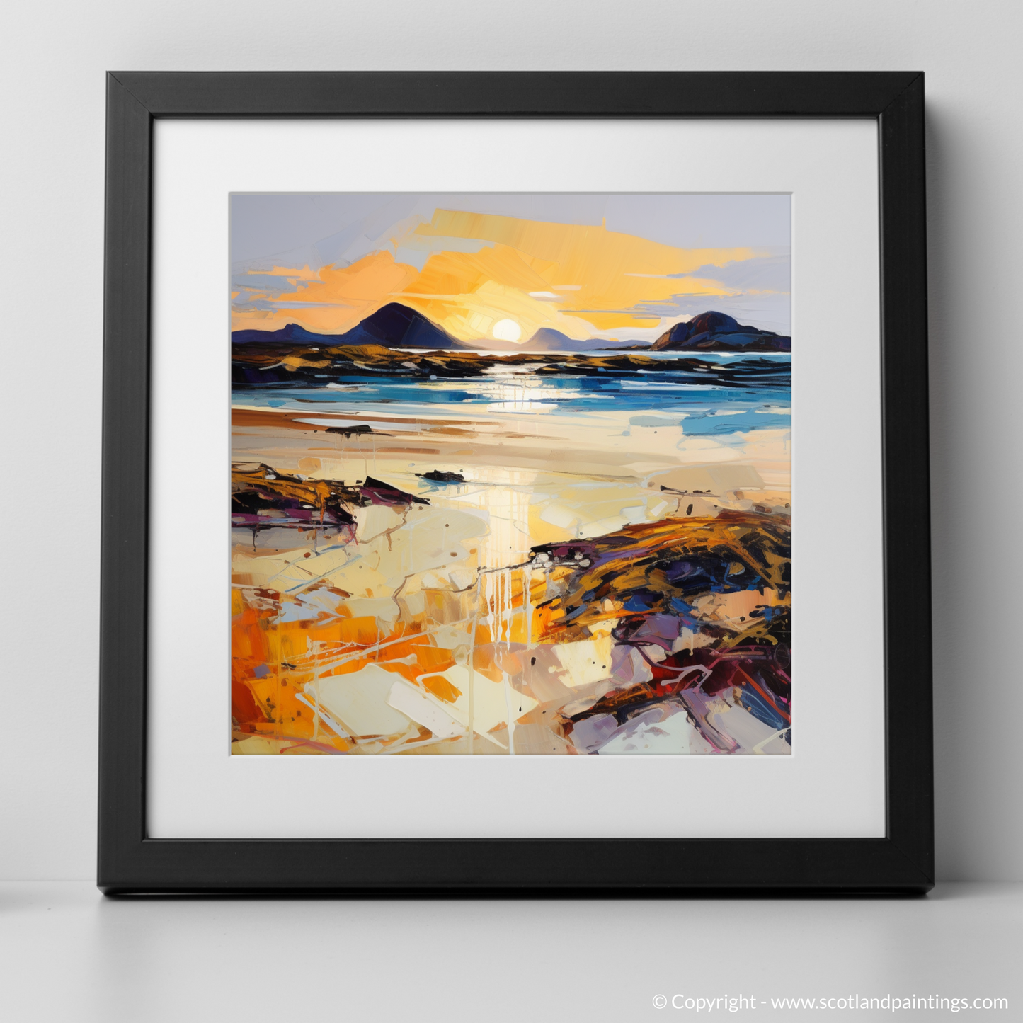 Art Print of Mellon Udrigle Beach at golden hour with a black frame