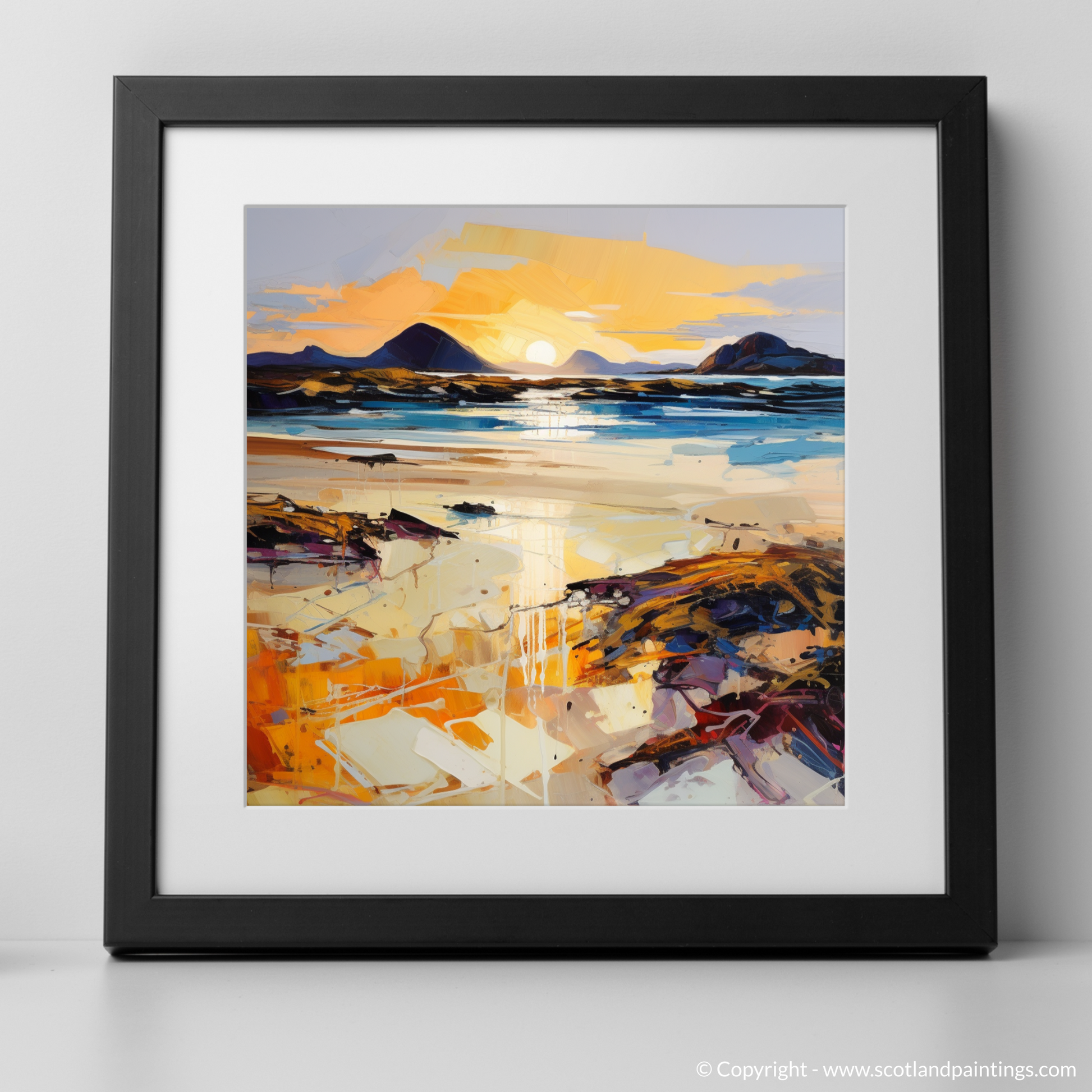 Art Print of Mellon Udrigle Beach at golden hour with a black frame