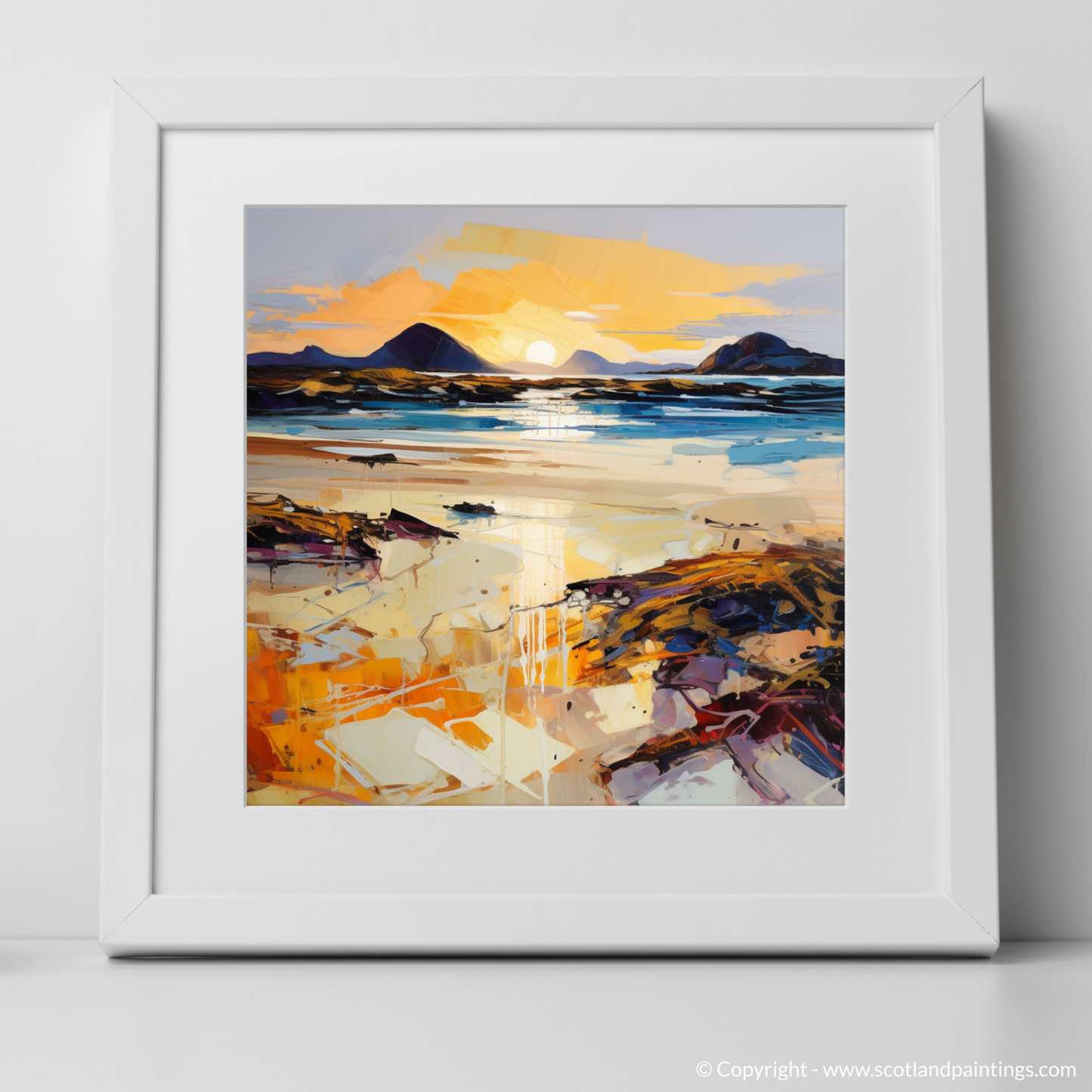 Art Print of Mellon Udrigle Beach at golden hour with a white frame